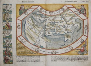  map of the ancient world, surrounded by twelve wind heads, in the corners the three sons of Noah, Sem, Ham und Iaphet.Left border shows illustrationsof strange and mythological creatures.On reverse 14 more strange creatures.