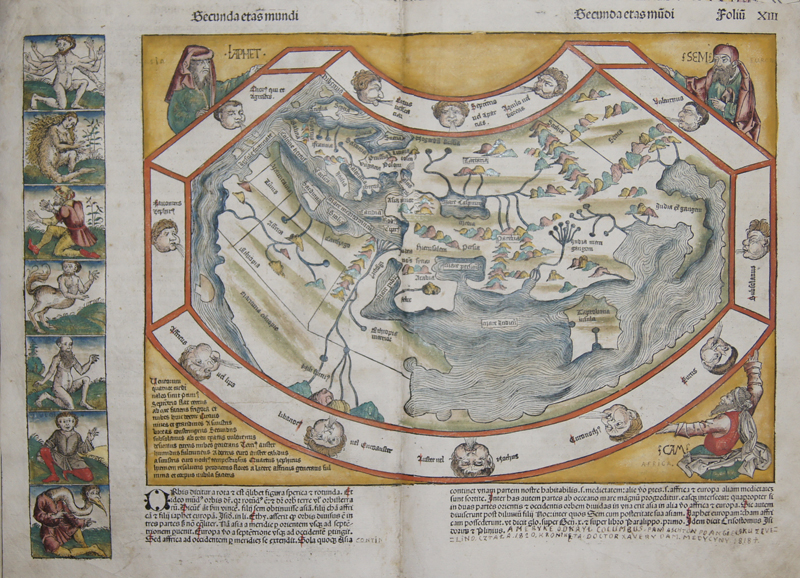Beautiful map of the ancient world, surrounded by twelve wind heads, in the corners the three sons of Noah, Sem, Ham und Iaphet.Left border shows illustrationsof strange and mythological creatures.On reverse 14 more strange creatures.