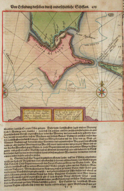 Theodor De Bry (1619) Tierra del Fuogo.  This map showsMap shows Tierra del Fuego