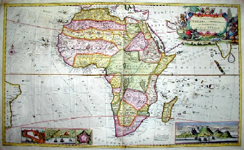 To the Right Honorable Charles Earl of Perterborow, and Monmouth. Map shows total Africa with Madagascar and the maledives and 4 views of Good Hope, Fort of Good Hope, James Fort St. Helena, Cape coast castle in Guinea