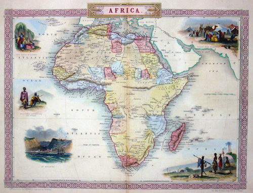 Africa, 1850. Map shows total Africa with 5 beautiful representations of St. Helena, inhabitants and bedouins
