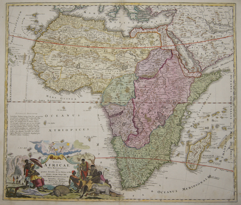 Totius Africae nova Repraesentatio (1710) Map shows total Africa with a beautiful cartouche, showing natives and the animal world of the continent. Dimensions: 48,5 x 46,5 Coloring: original colored Technique: Copper print Place of Issue : Nuremberg 