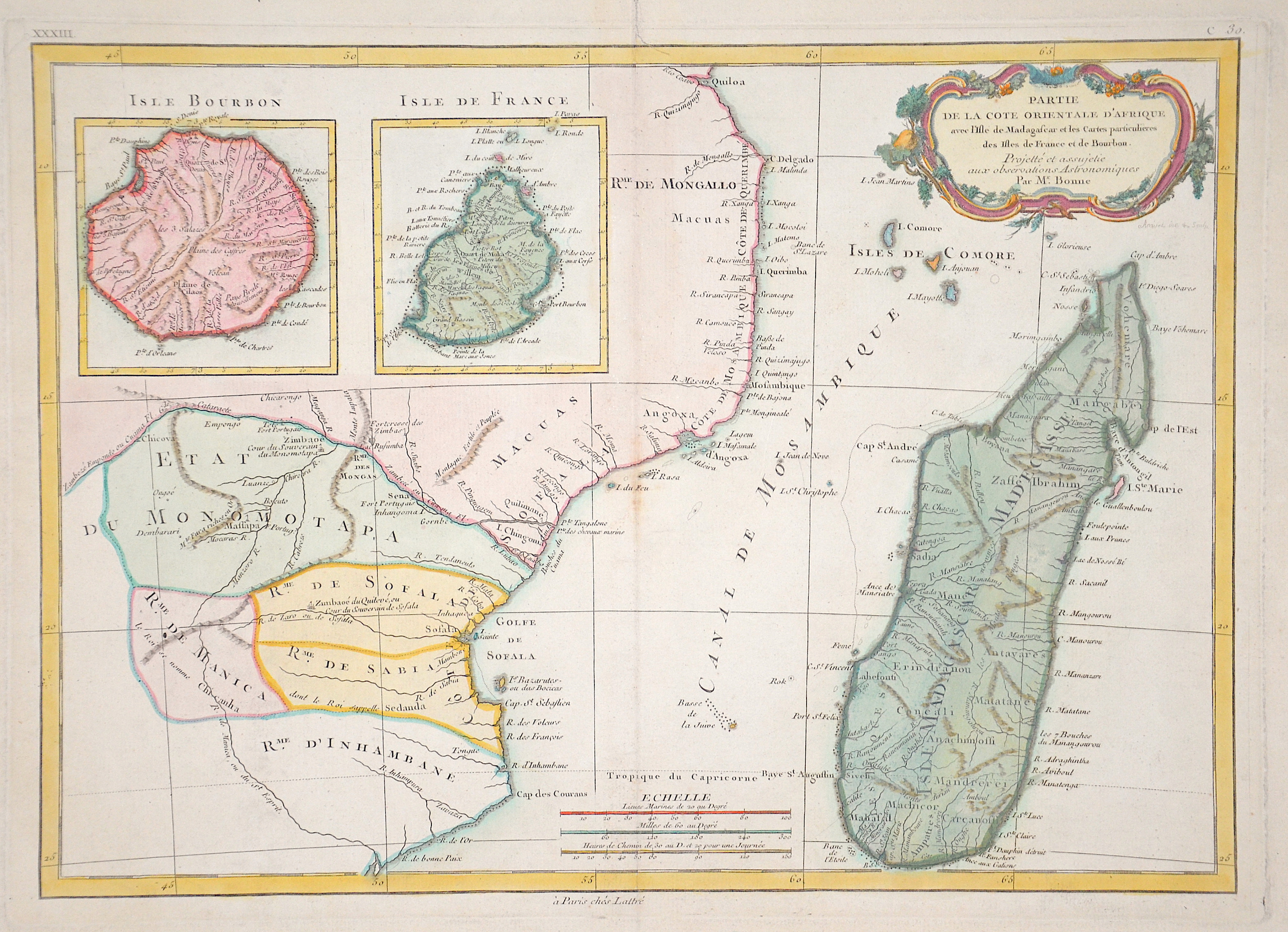Bonne Rigobert Partie de la coste orientale d´Afriqueavec   Isle de Madagascar et les Cartes particulrieres de Isles de France et  de Borbon