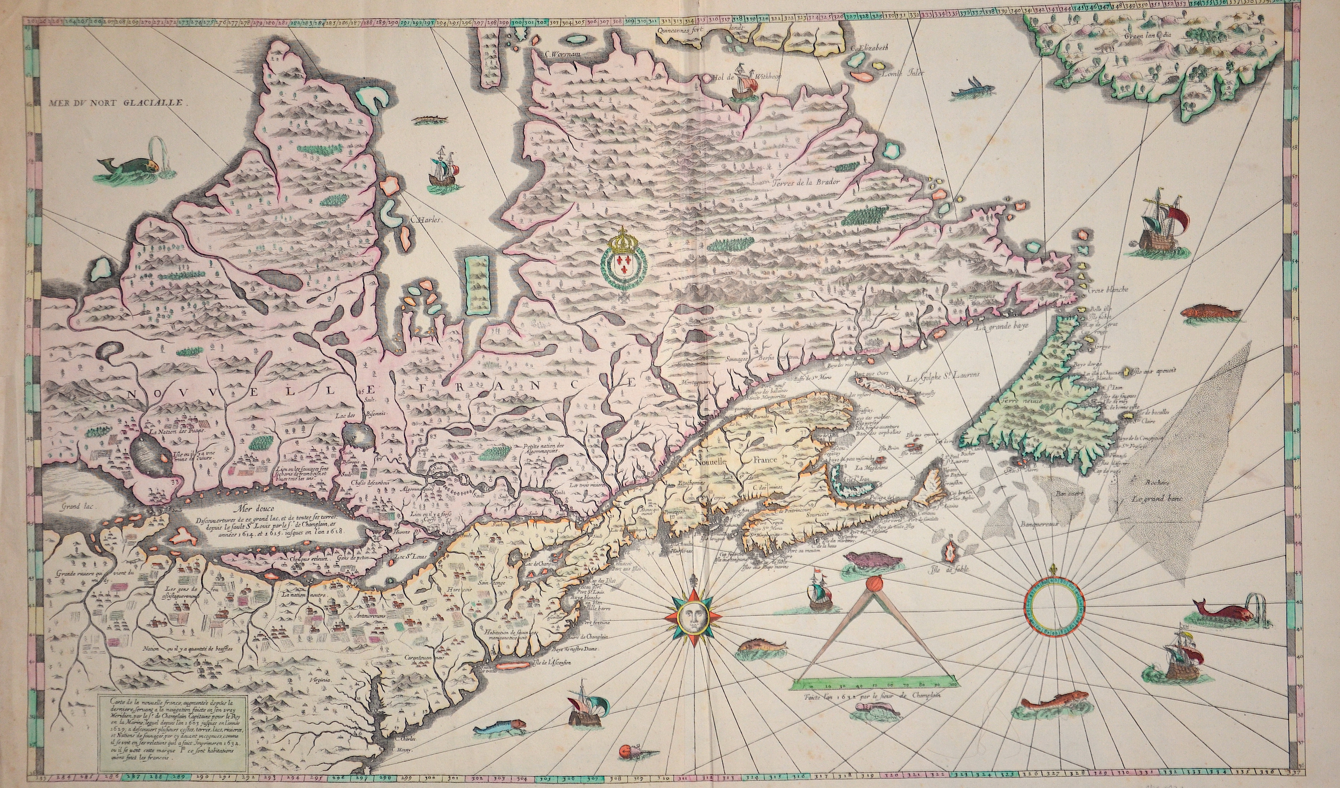 Champlain,de Samuel Carte de la nouvelle france, augementée depius la derniere, seruant a la navigation faicte en son uray..