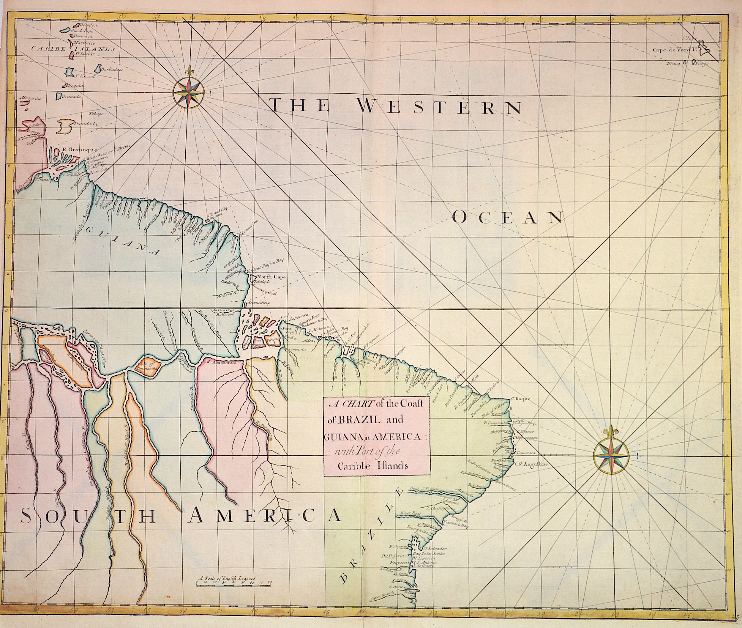 Senex  A chart of the coast of Brazil and Guiana in America with part of the Caribbe Islands