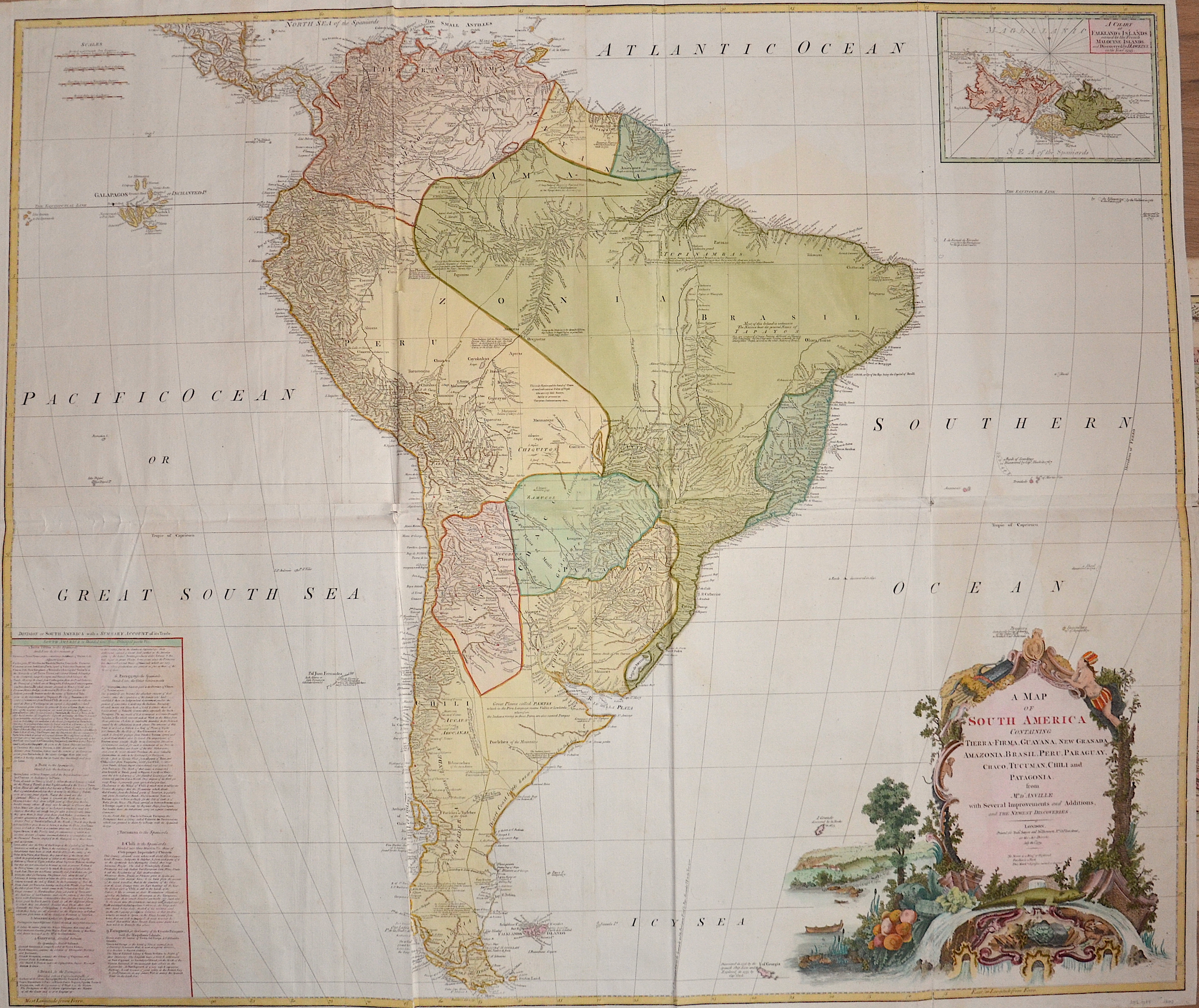 Anville´d  A Map of South America Containing Tierra-Firma, Guayana, New Granada, Amazonia, Brasil, Peru, Paraguay, Chaco, Tucuman, Chili and Patagonia.