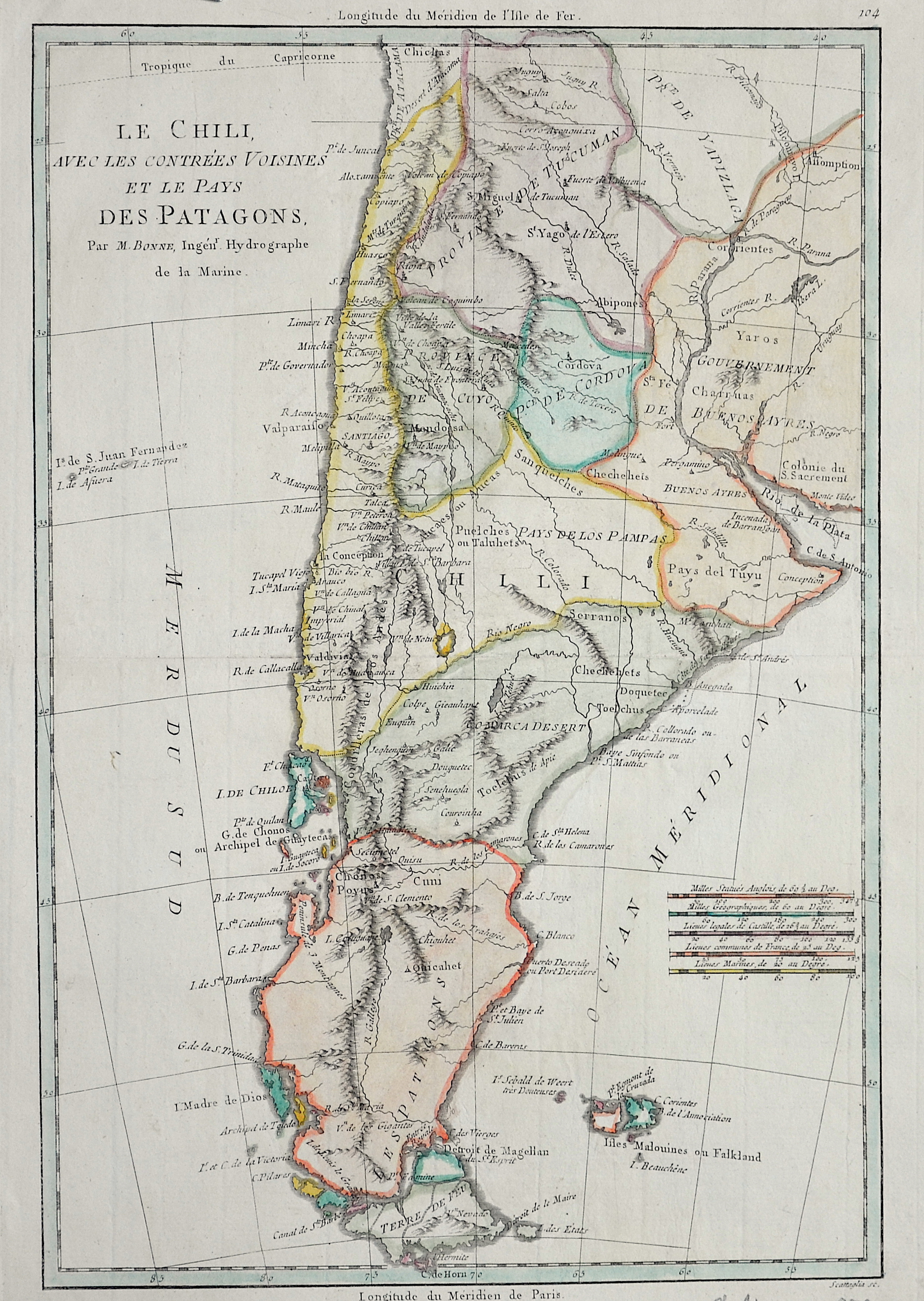 Bonne Rigobert Le Chili, avec les contrées Voisines et le Pays des Patagons.