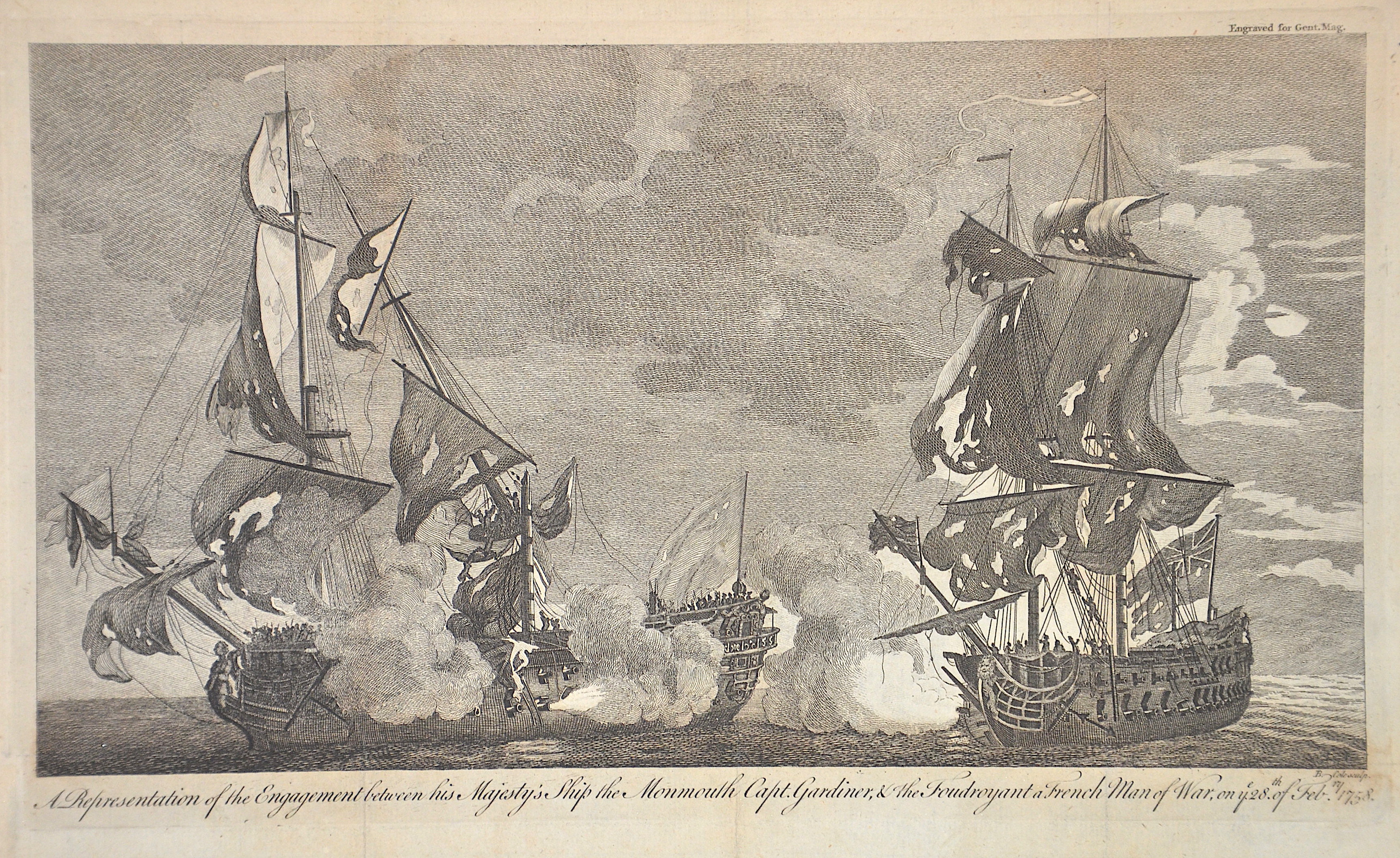Cole  A Representation of the Engagement between his Majesty’s Ship the Monmouth Capt. Gardiner, u the Foudroyant a French Man of War, on y 28. of Feb. 1758