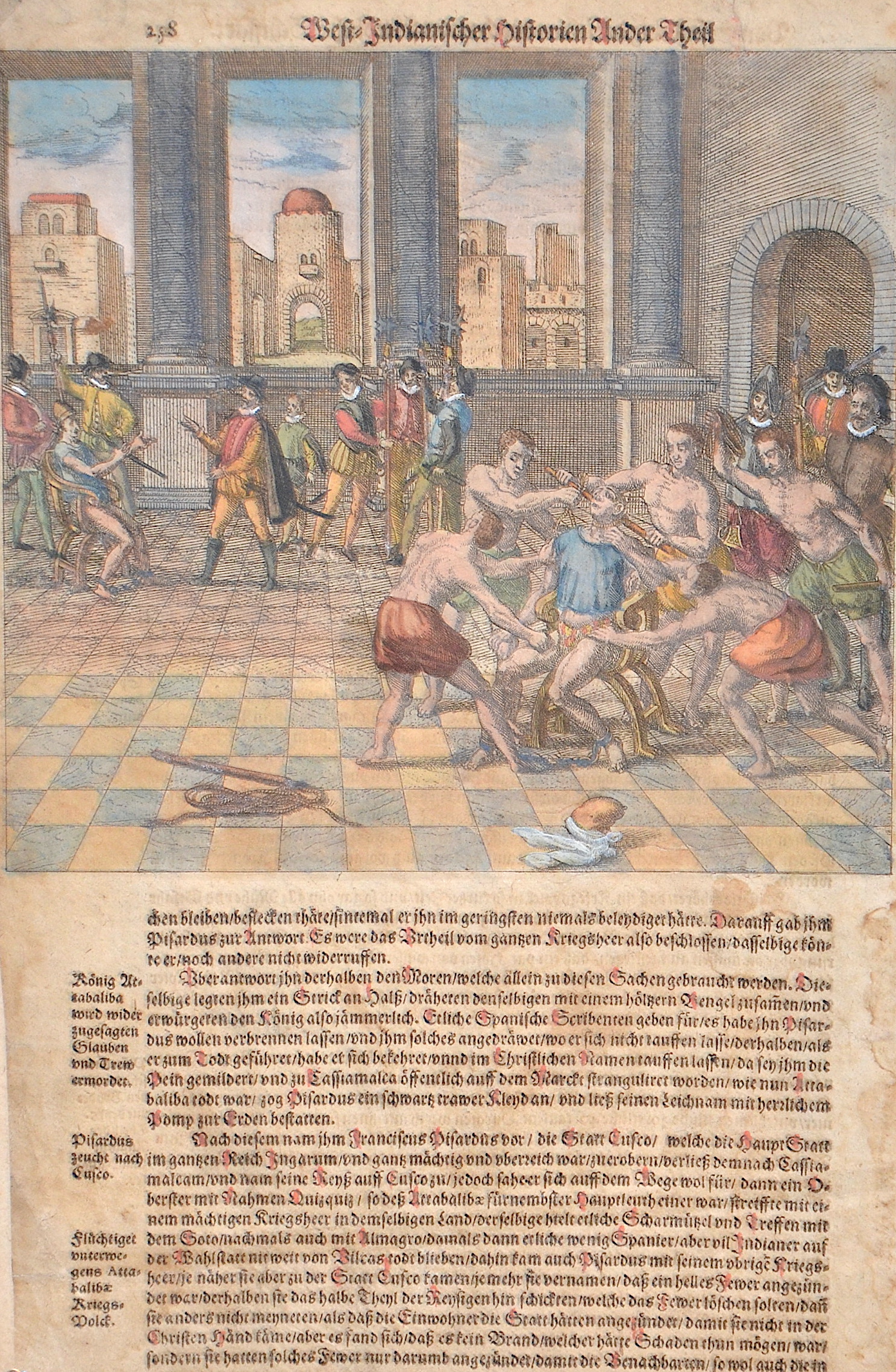 Bry, de - Merian West-Indianischer Historien Ander Theil 258 (Francisco Pizarro lässt den König Atahualpa wider verheissene Treu und Glauben aufhängen)