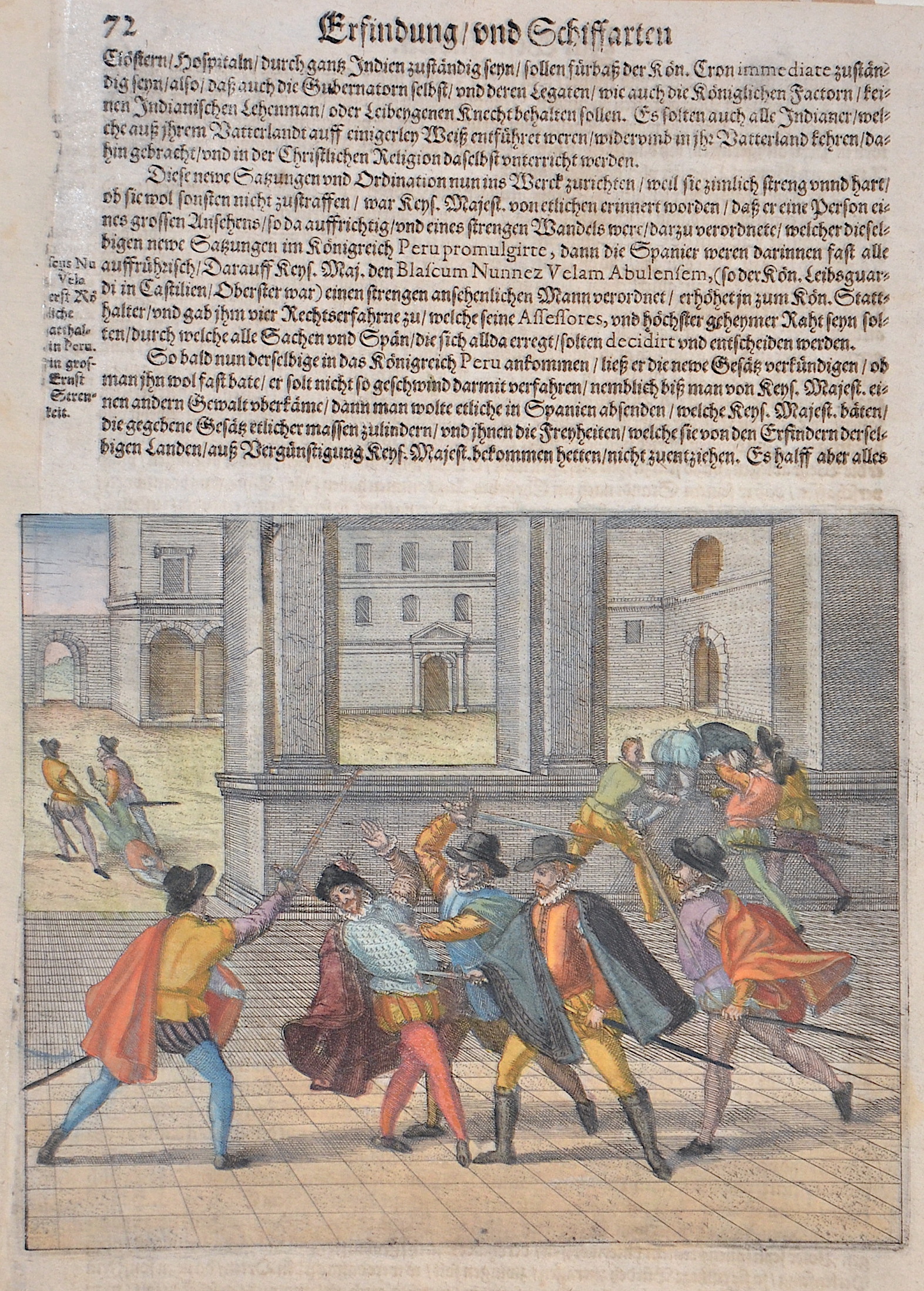 Bry, de - Merian Erfindung und Schiffarten 72 (Der Königliche Statthalter Blasco Nunez Vela ersticht den königlichen Procurator Illan Suarez)