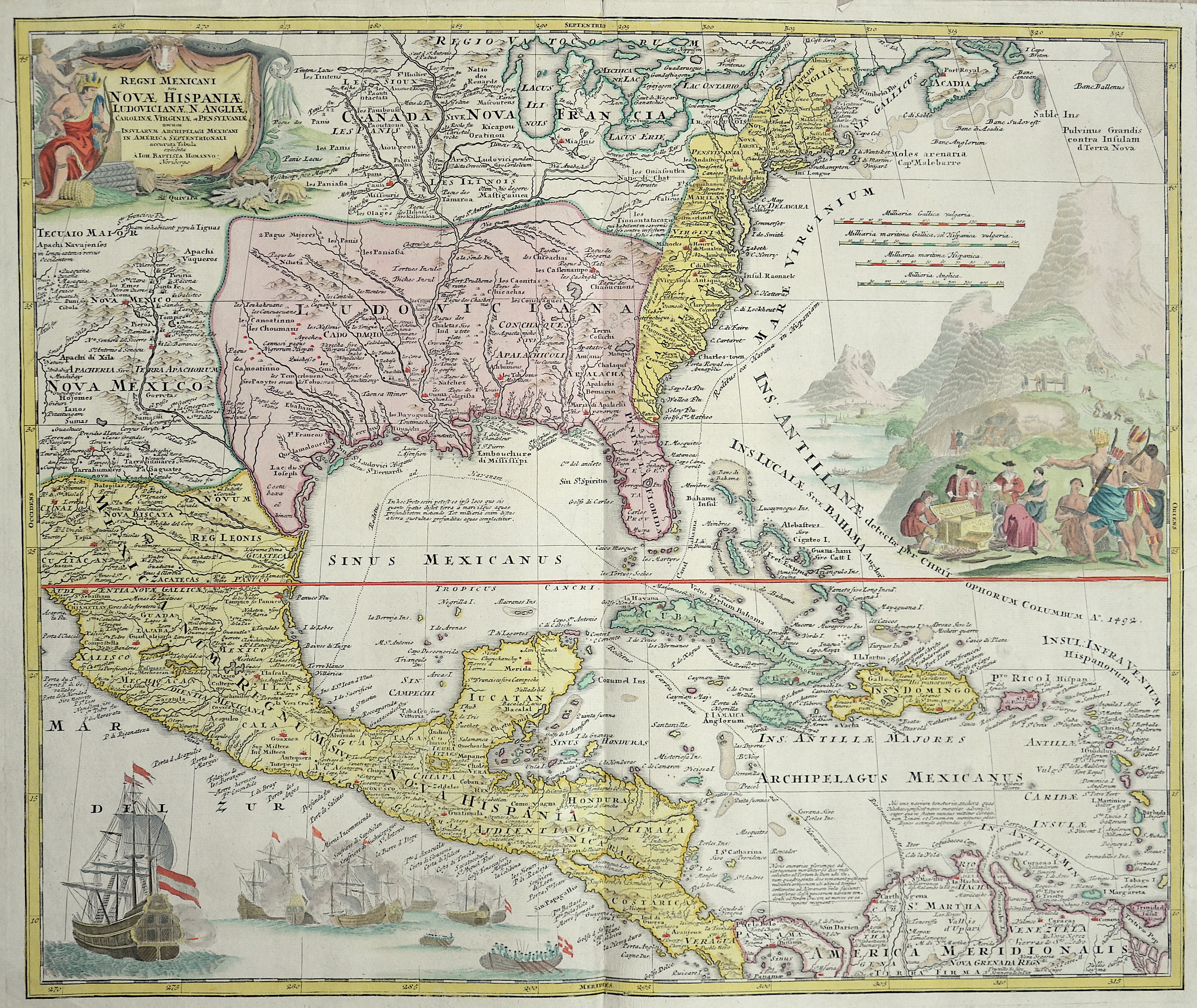 Homann Johann Babtiste Regni Mexicani Novae Hispaniae Ludovicianae, N. Angliae, Carolinae, Virginiae et Pensylvaniae,..