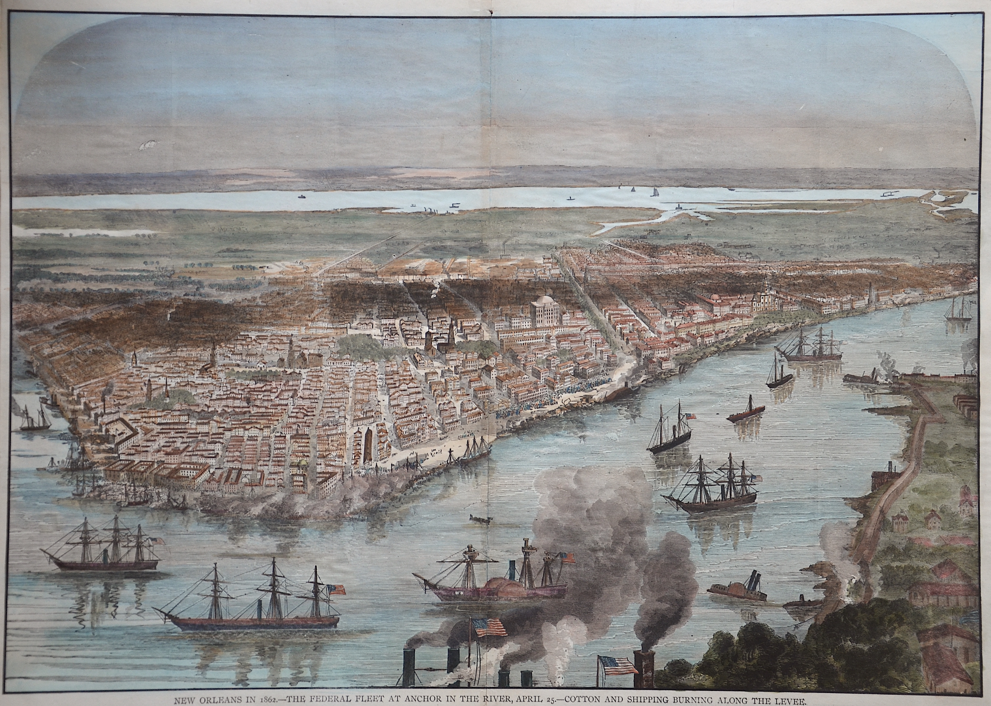 Anonymus  New Orleans in 1862. – The federal fleet at anchor in the river, April 25. Cotton and shipping burning along the levee.
