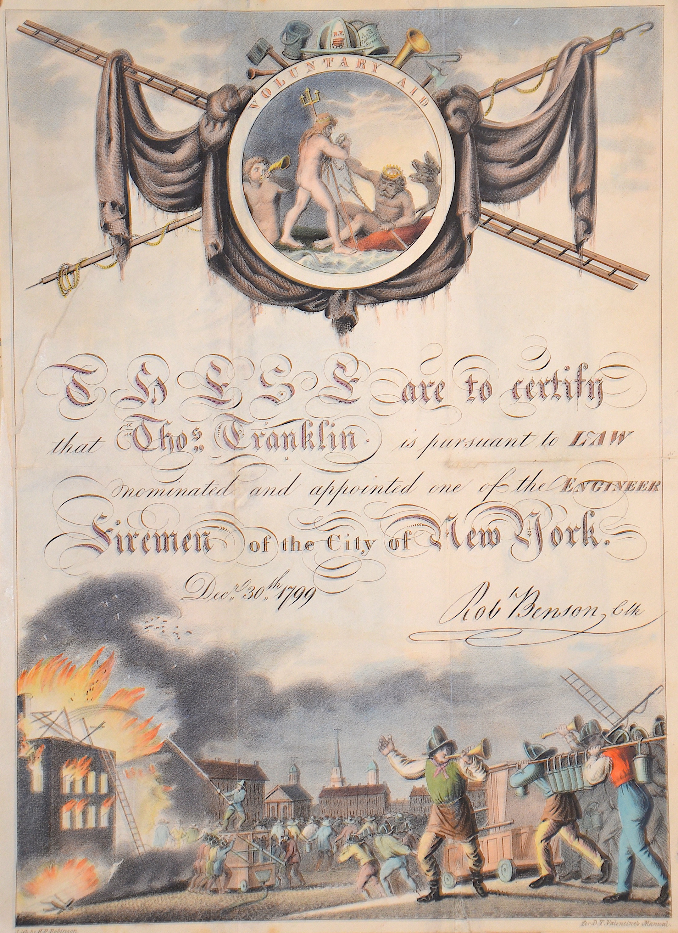 Valentine's Manual/Hayward These are to certify that Thos Franklin is pursuant to Law nominated and appointed one of the Engineer Firemen of the City of New York.
