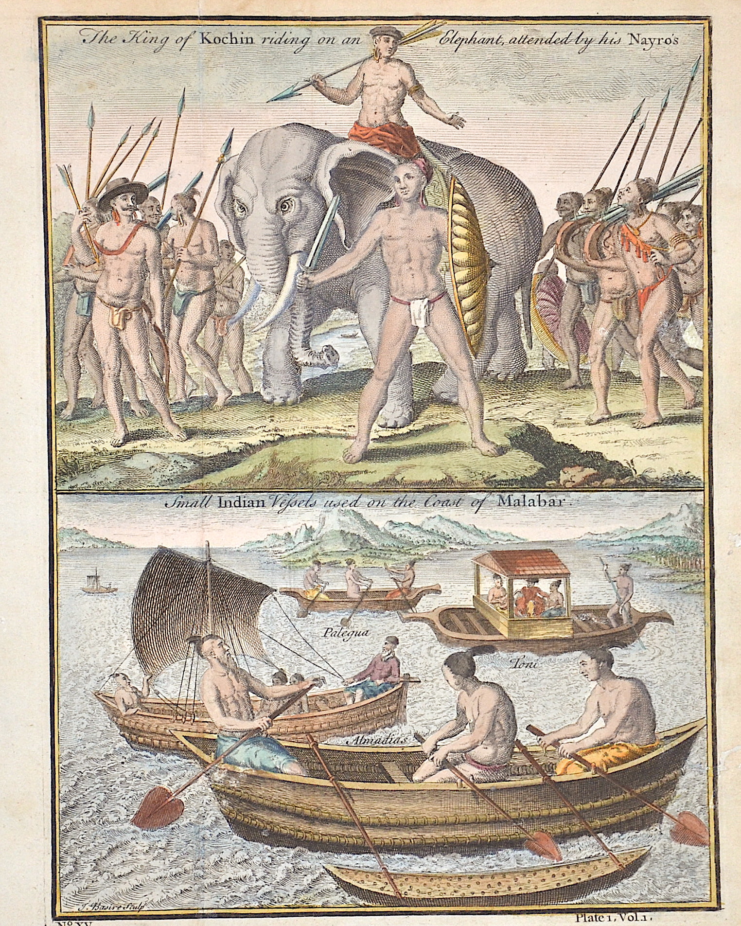 Anonymus  The King of Kochin riding on an Elephant, attended by his Nayro’s / Small Indian Vessets used on the Coast of Malabar.