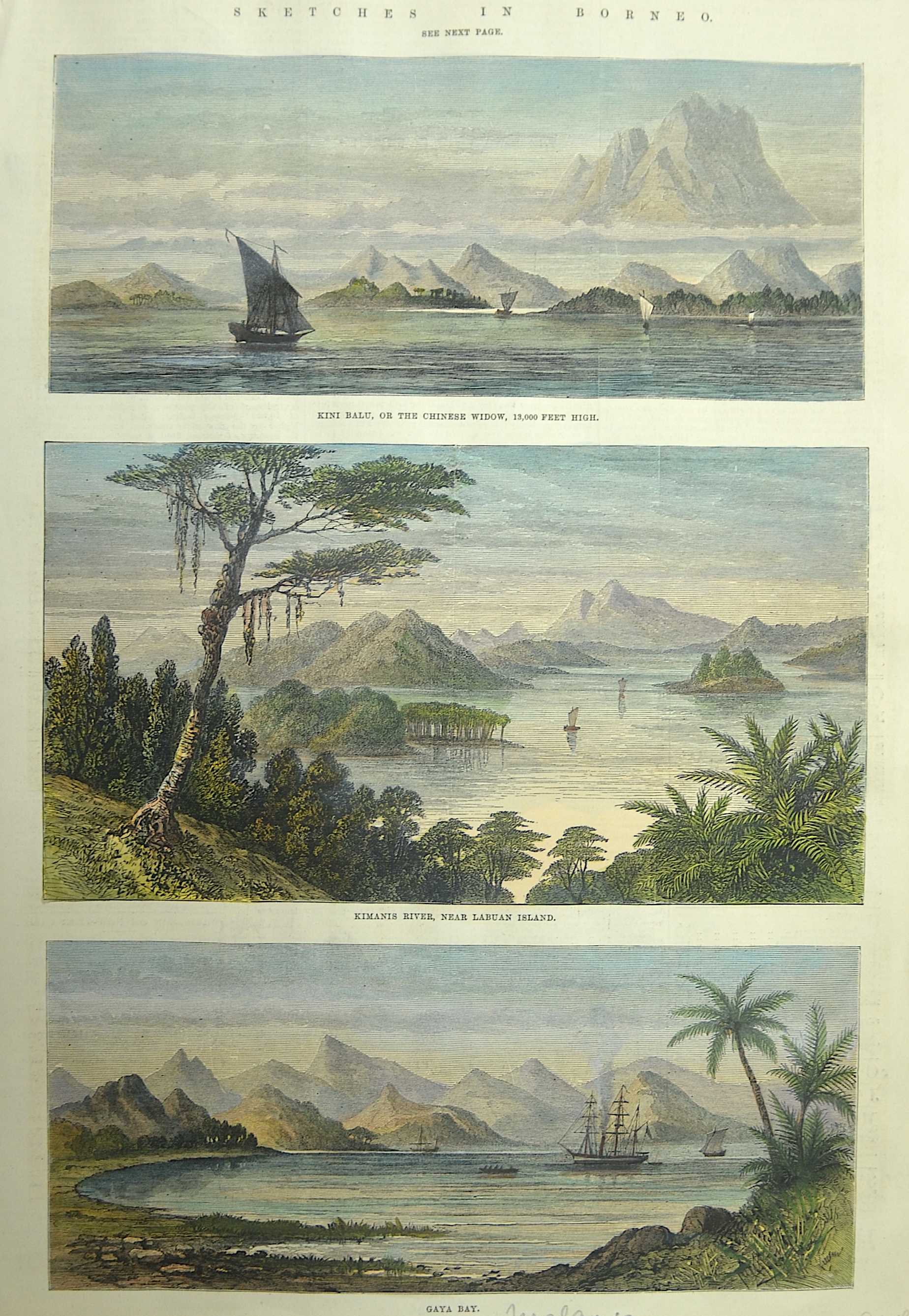 Anonymus  Sketches in Borneo. Kini Balu, or the Chinese Widow, 13,000 feet high./Kimanis River, near Labuan Island /Gaya Bay.