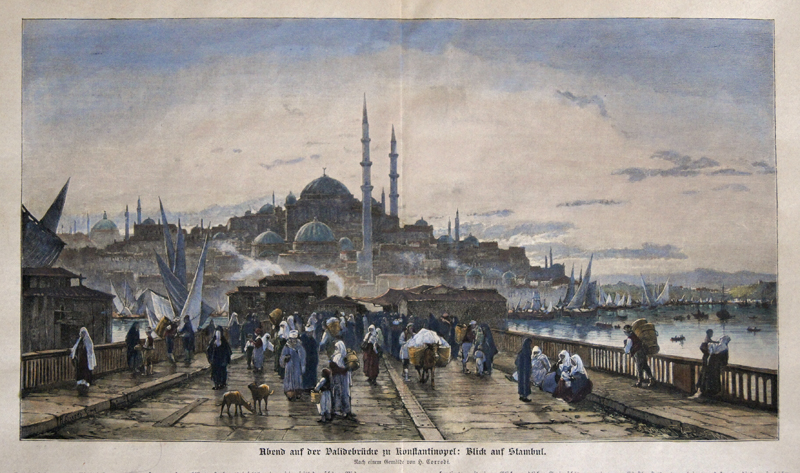 Corrodi Hermann David Solomon Abend auf der Validebrücke zu Konstantinopel: Blick auf Stambul. Nach einem Gemälde von H. Corrodi.