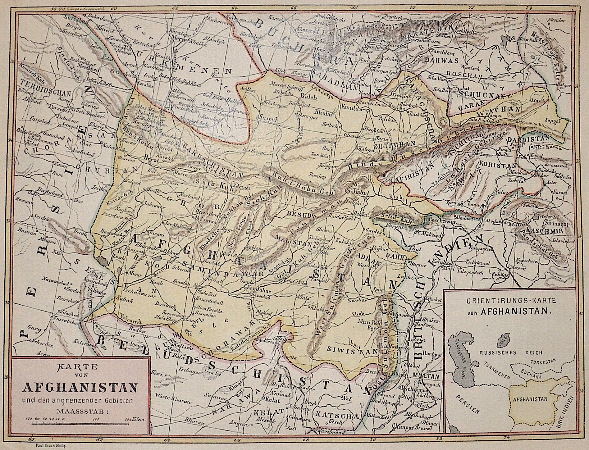 Braun/Lithografie Anstalt Stuttgart Paul Karte von Afghanistan und den angrenzenden Gebieten.