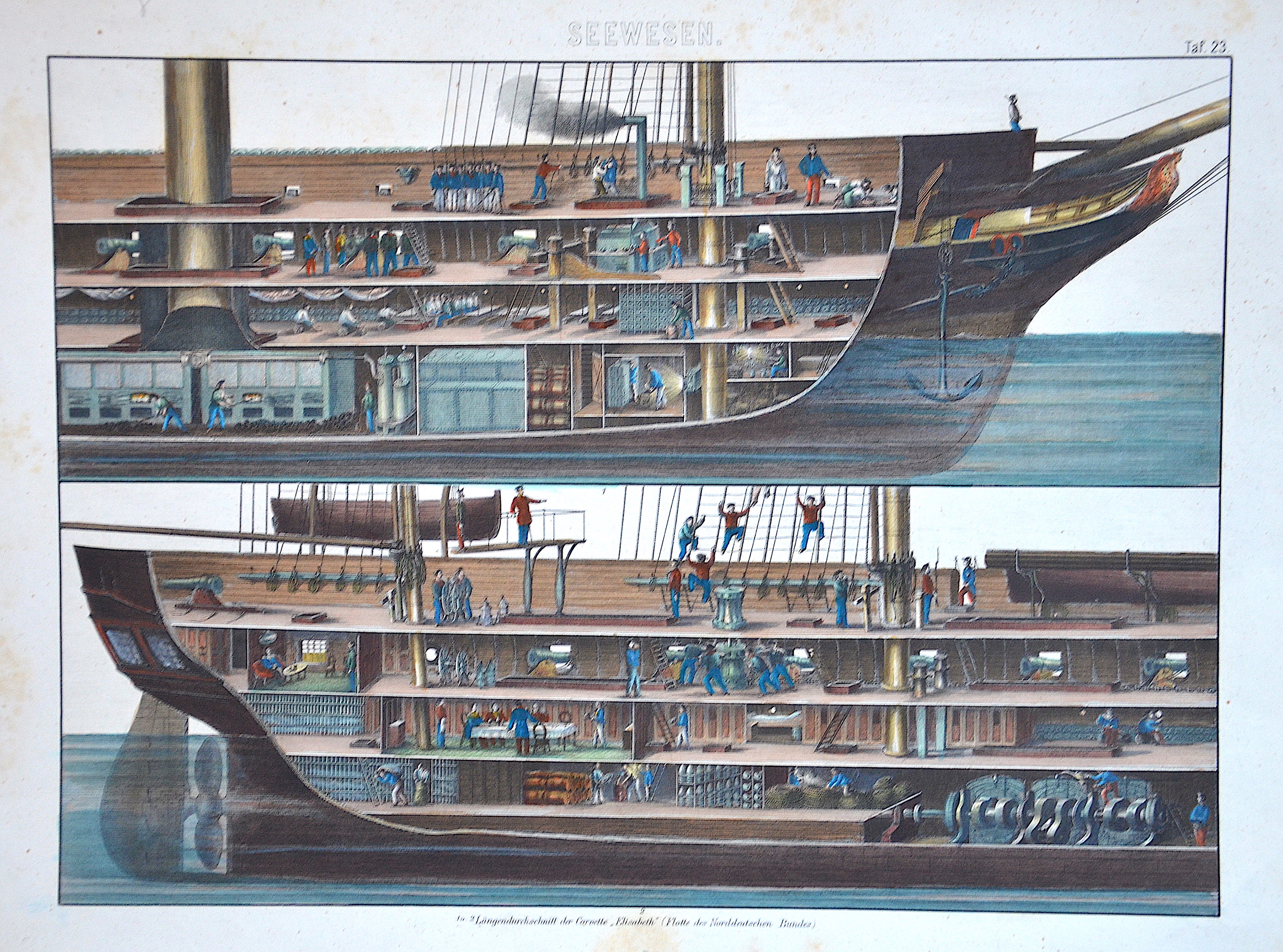 Brockhaus  Seewesen. Taf. 23. / Längendurchschnitt der Corvette “Elisabeth” (Flotte des Norddeutschen Bundes.)