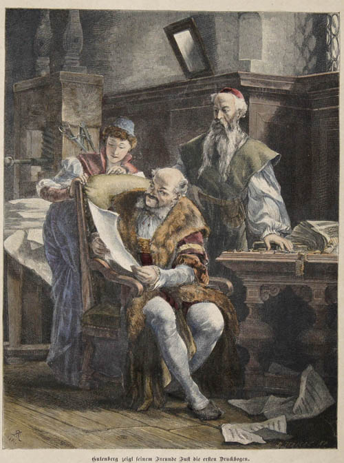 Jericke R. Gutenberg zeigt seinem Freunde Just die ersten Druckbogen. Originalzeichnung von Leo Reiffenstein in Wien.