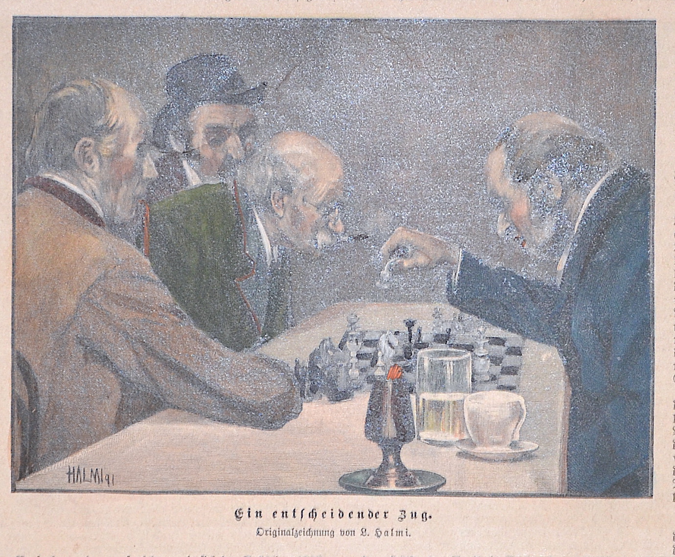 Halmi Ein entscheidender Zug. Originalzeichnung von L. Halmi.