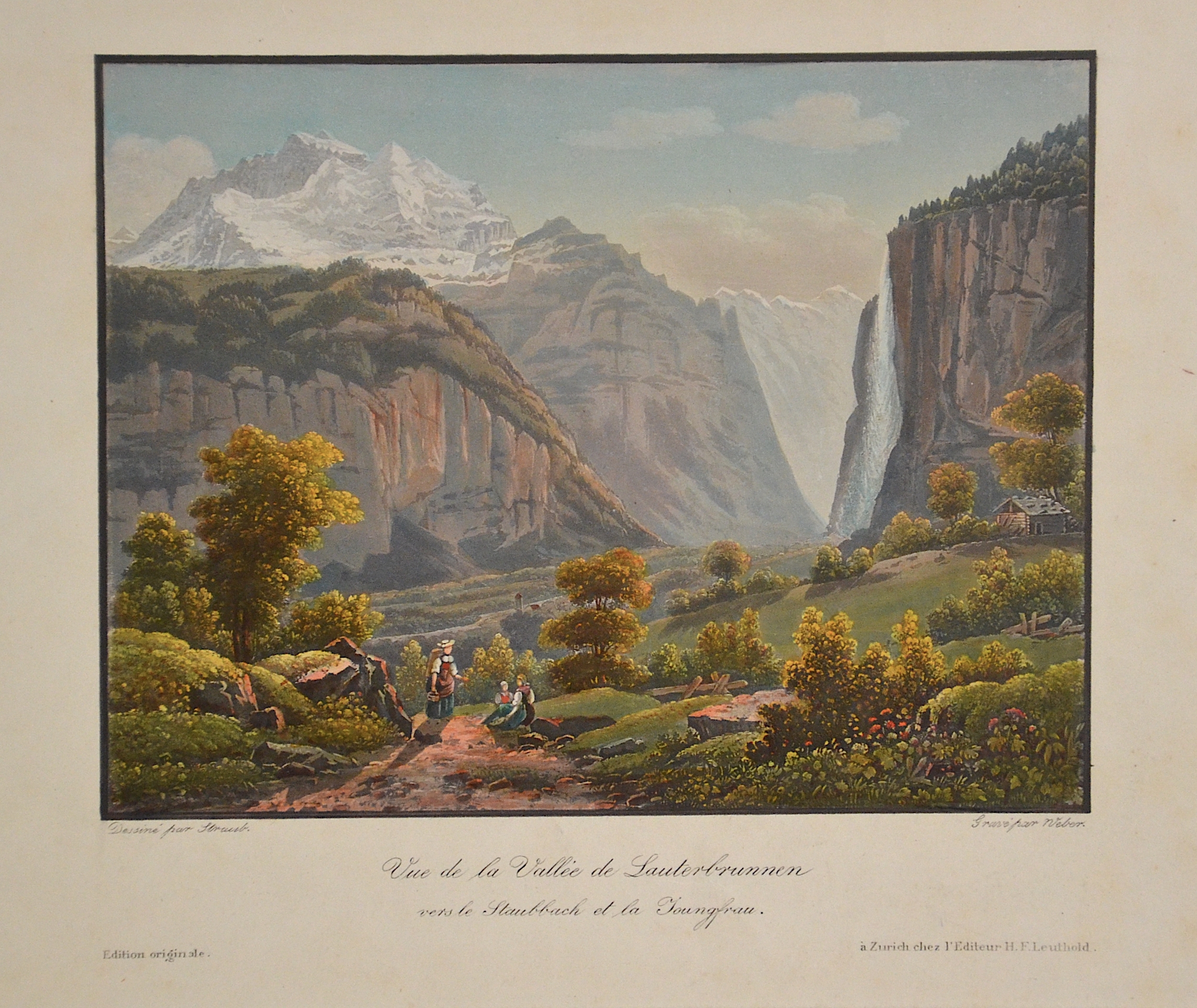 Weber J. Vue de la valle de Lauterbrunnen vers le Staubbach et la Joungfrau