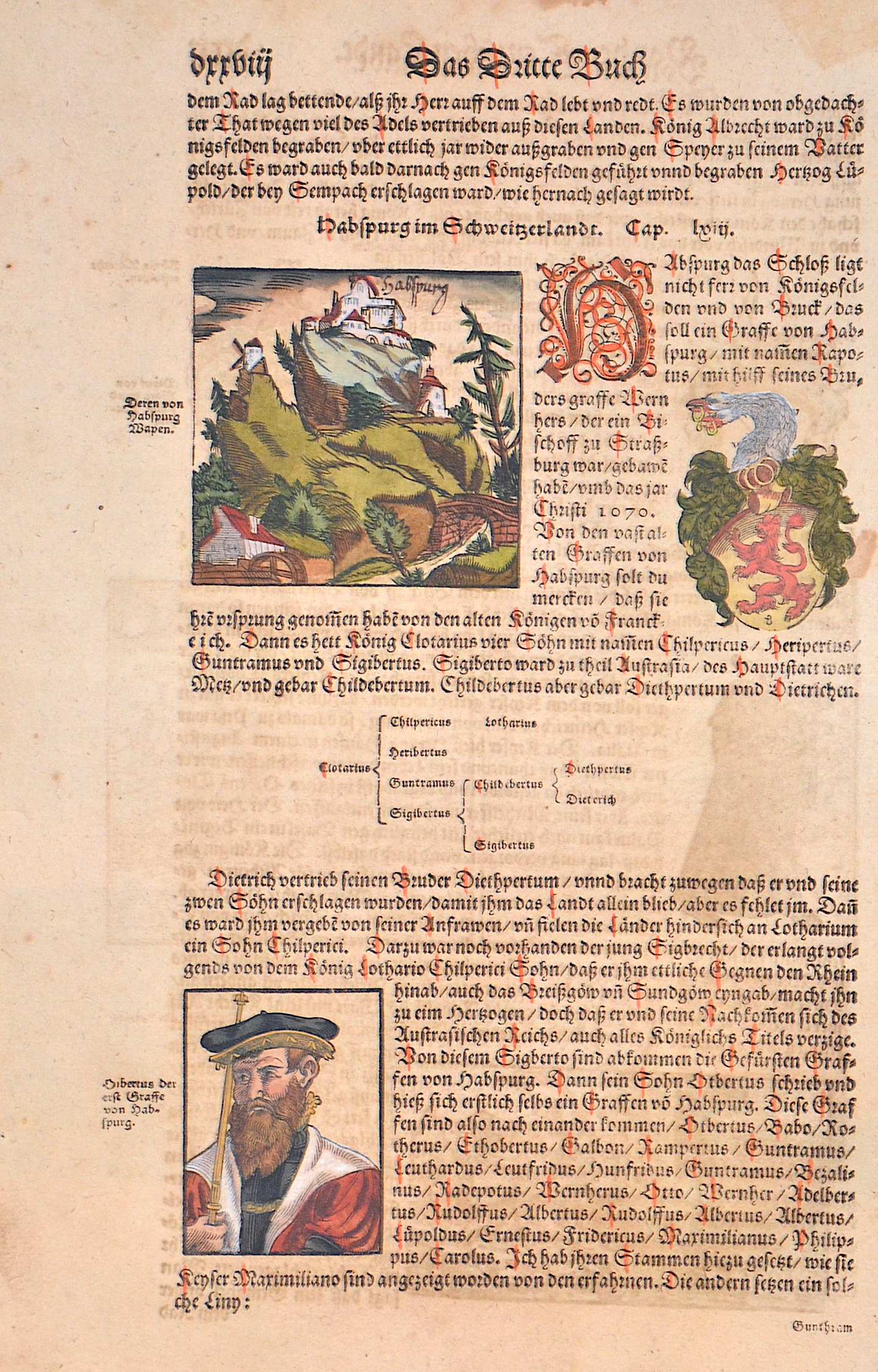Münster Habspurg im Schweitzerlandt. / Deren von Habspurg Wapen. / Albertus der erst Graffe von Habspurg.