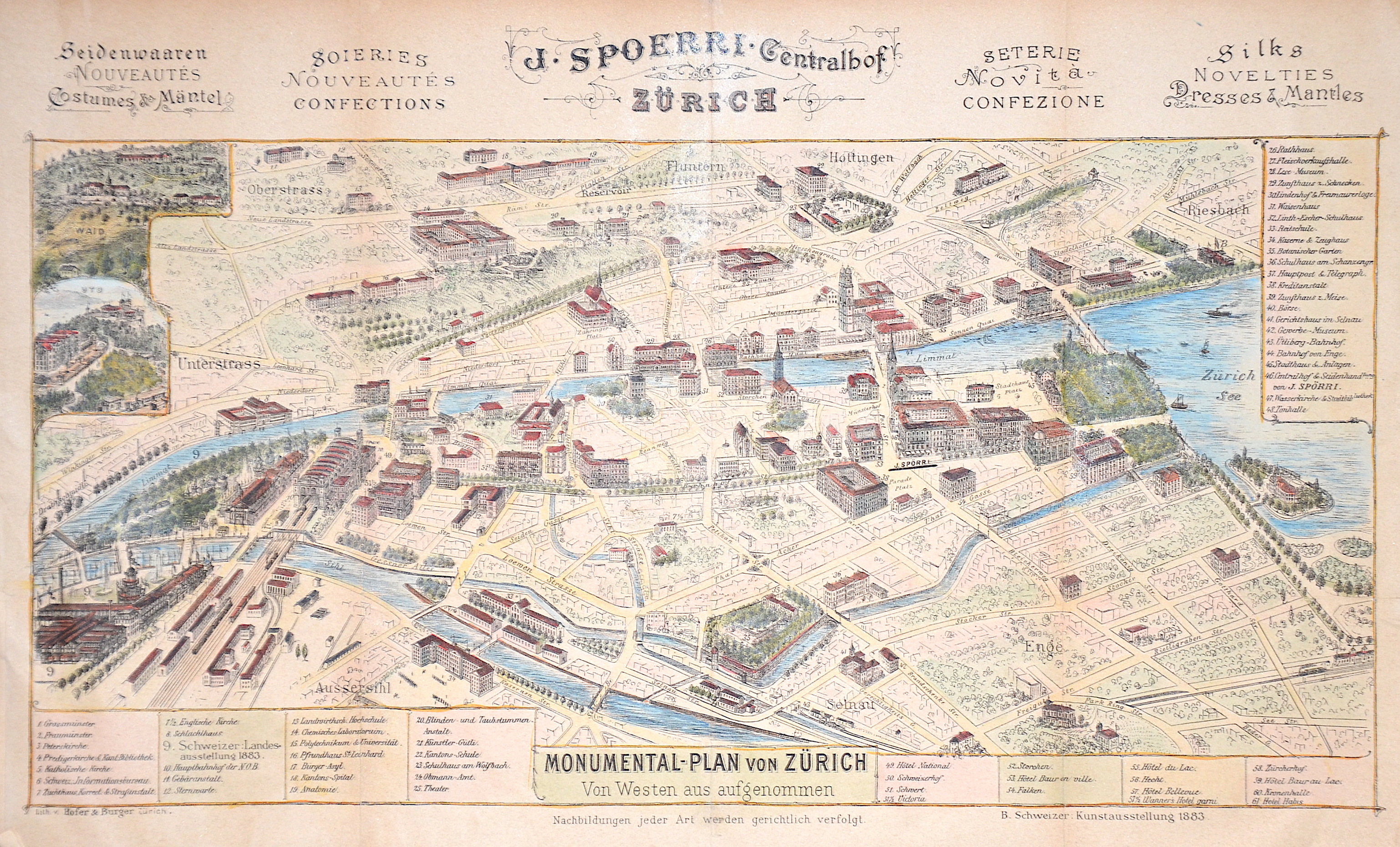 Hofer und Burger Monumental-Plan von Zürich Von Westen aus aufgenommen