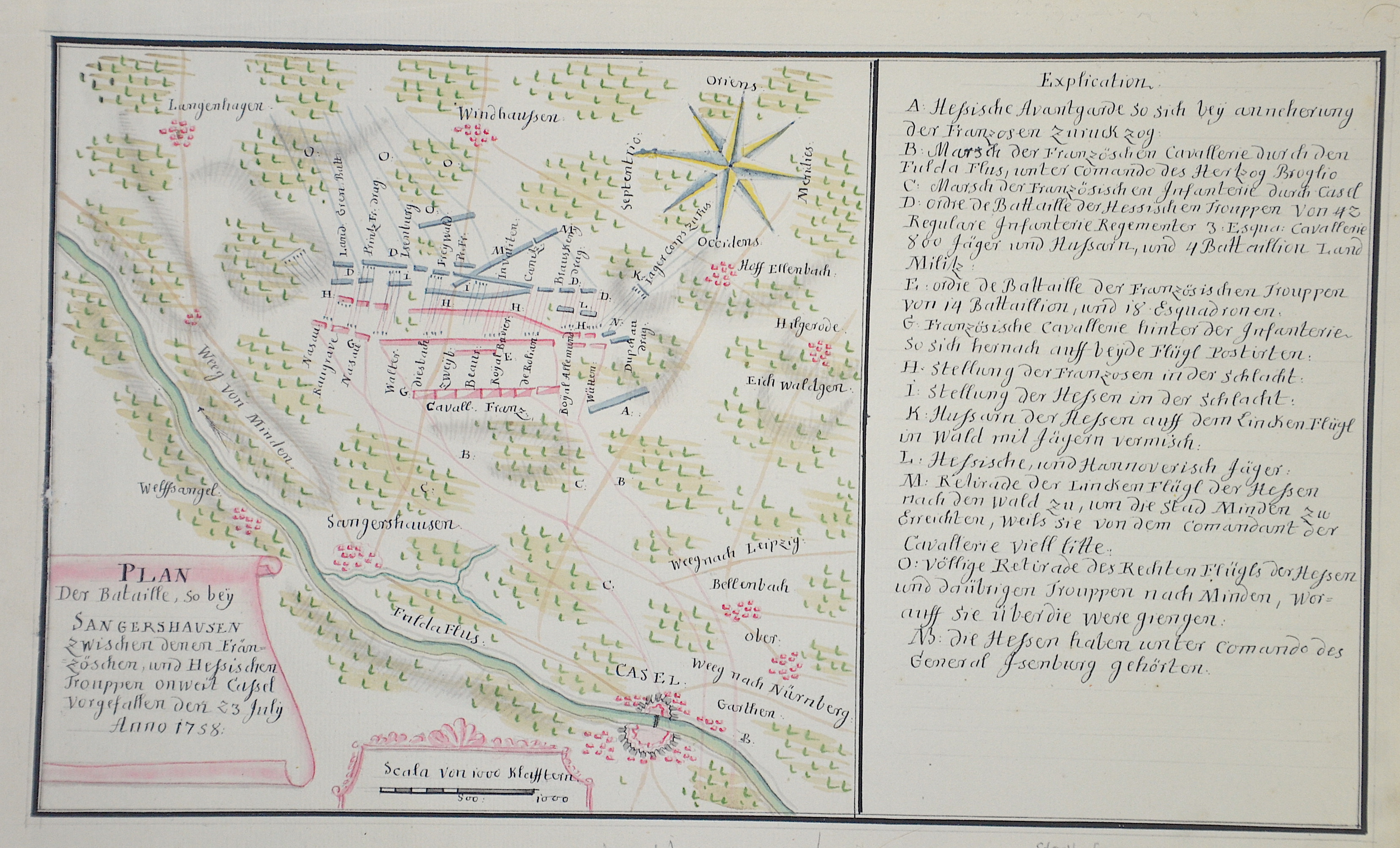 Anonymus  Plan der Bataille, so bey Sangershausen zwischen denen Fränzöschen, und Hessischen Trouppen onweit Cassel vorgefallen den 23 July anno 1758