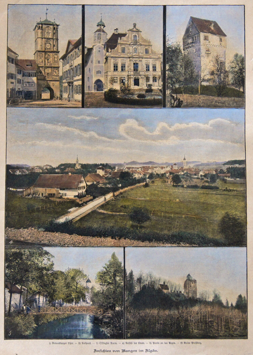 Anonymus  Ansichten von Wangen im Algäu. 1) Revensburger Thor. 2) Rathaus. 3) Osligser Turm. 4) Ansicht der Stadt. 5) Partie an der Argen. 6) Ruine Praßberg.