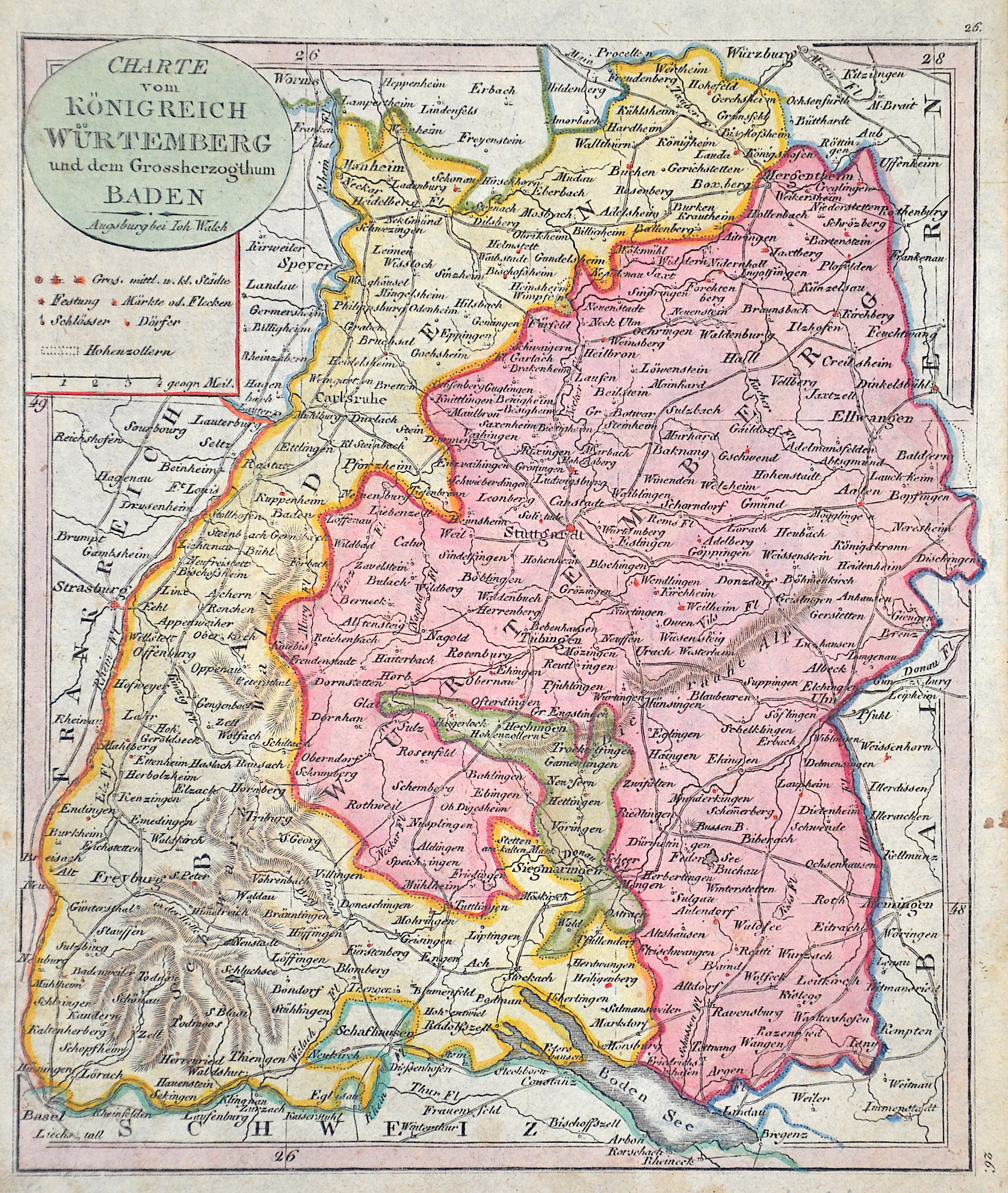 Walch Johann Charte vom Königreich Würtemberg und dem Grossherzogthum Baden.