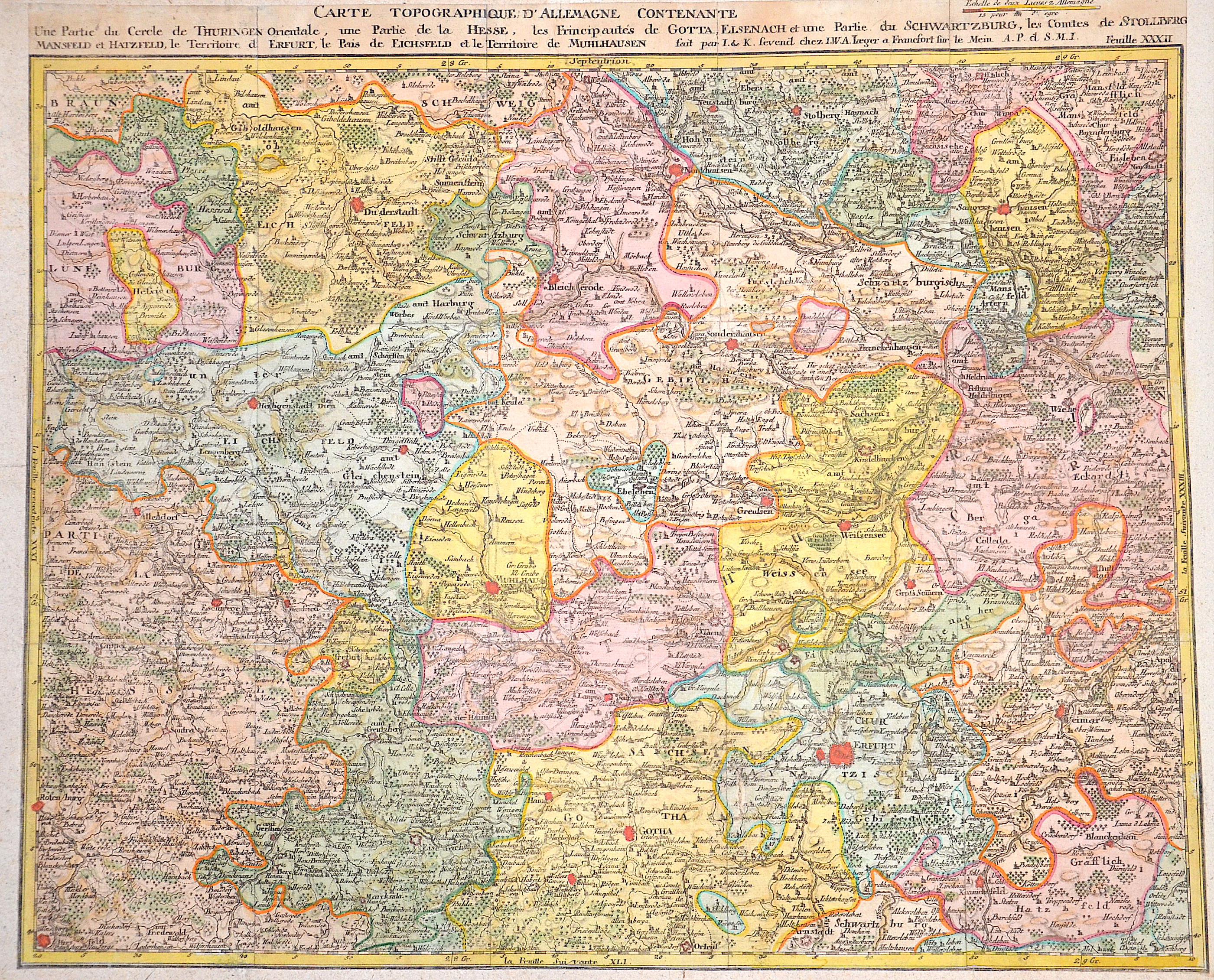 Jaeger Johann Wilhelm Abraham Carte Topographique D’Allemagne Contenante une Partie du Cercle de Thuringen Orientale, les Principautés de Gotta, Elsenach und Partie du Schwarzburg
