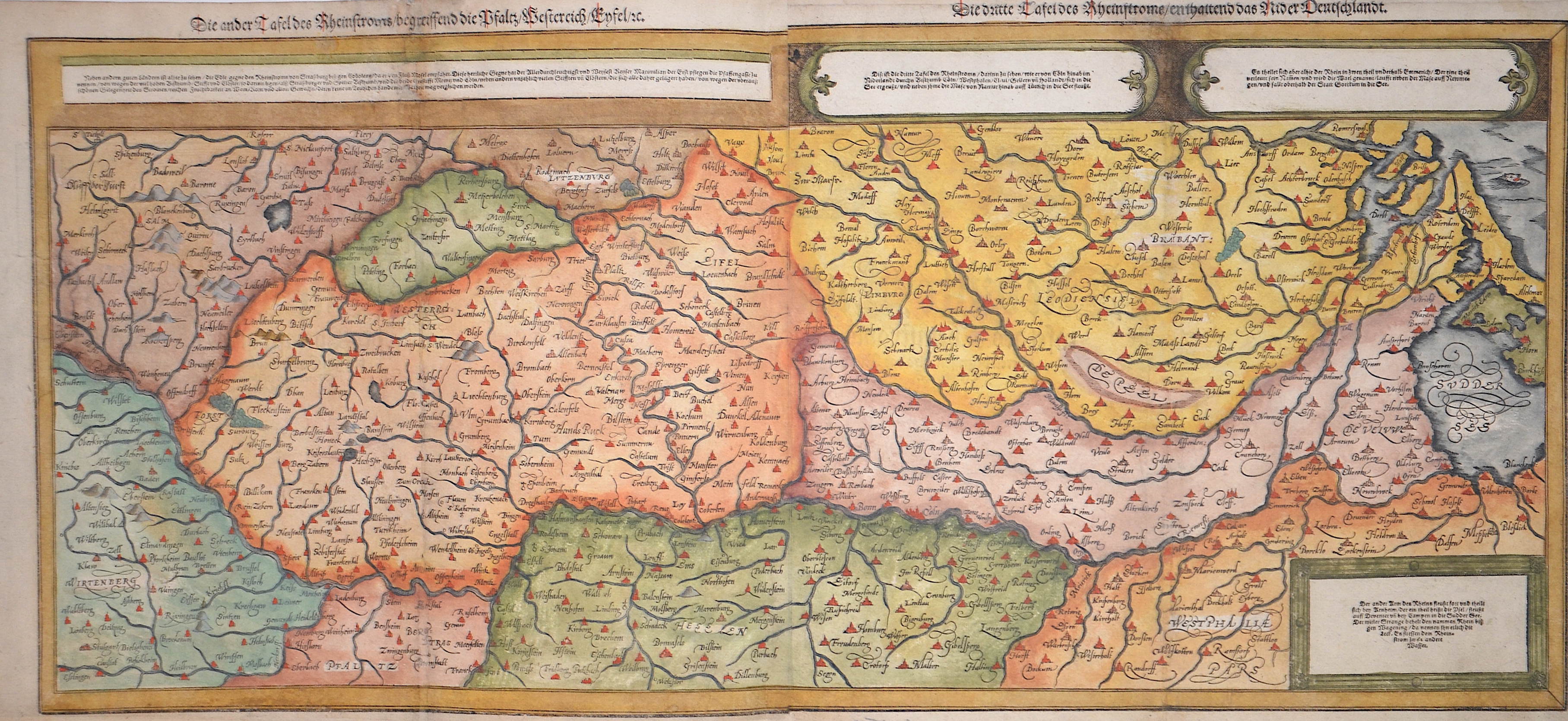 Münster Die ander Tafel des Rheinstroms begreiffend die Pfaltz, Westereich, Eyfel / Die dritte Tafel des Rheinstrome, enthaltend das Nider Deutschlandt.