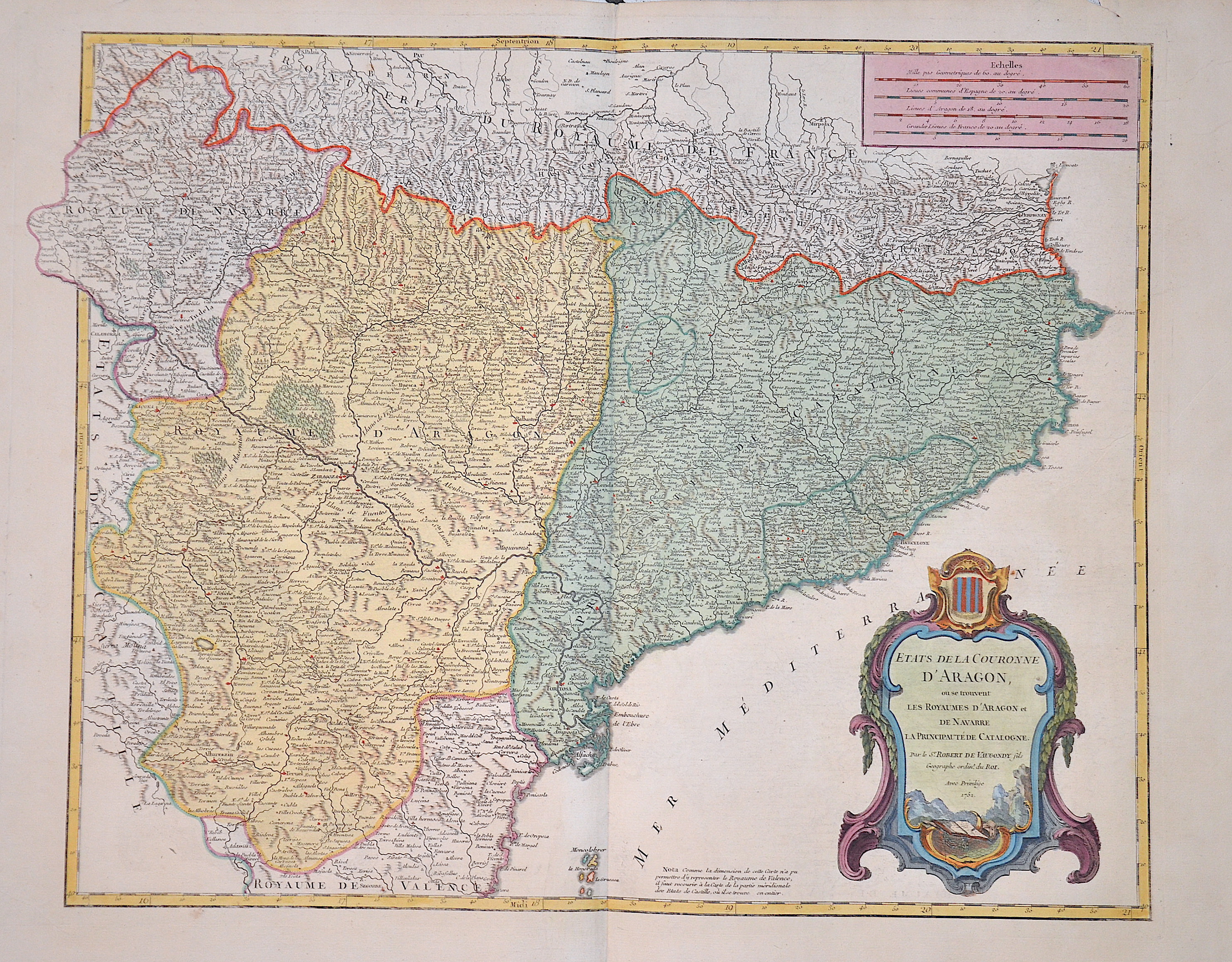 Vaugondy,de Robert Etats de la Couronne d´Aragon, ou se trouvent les Royaumes d´Aragon et de Navarre la Principaute de Catalogne.