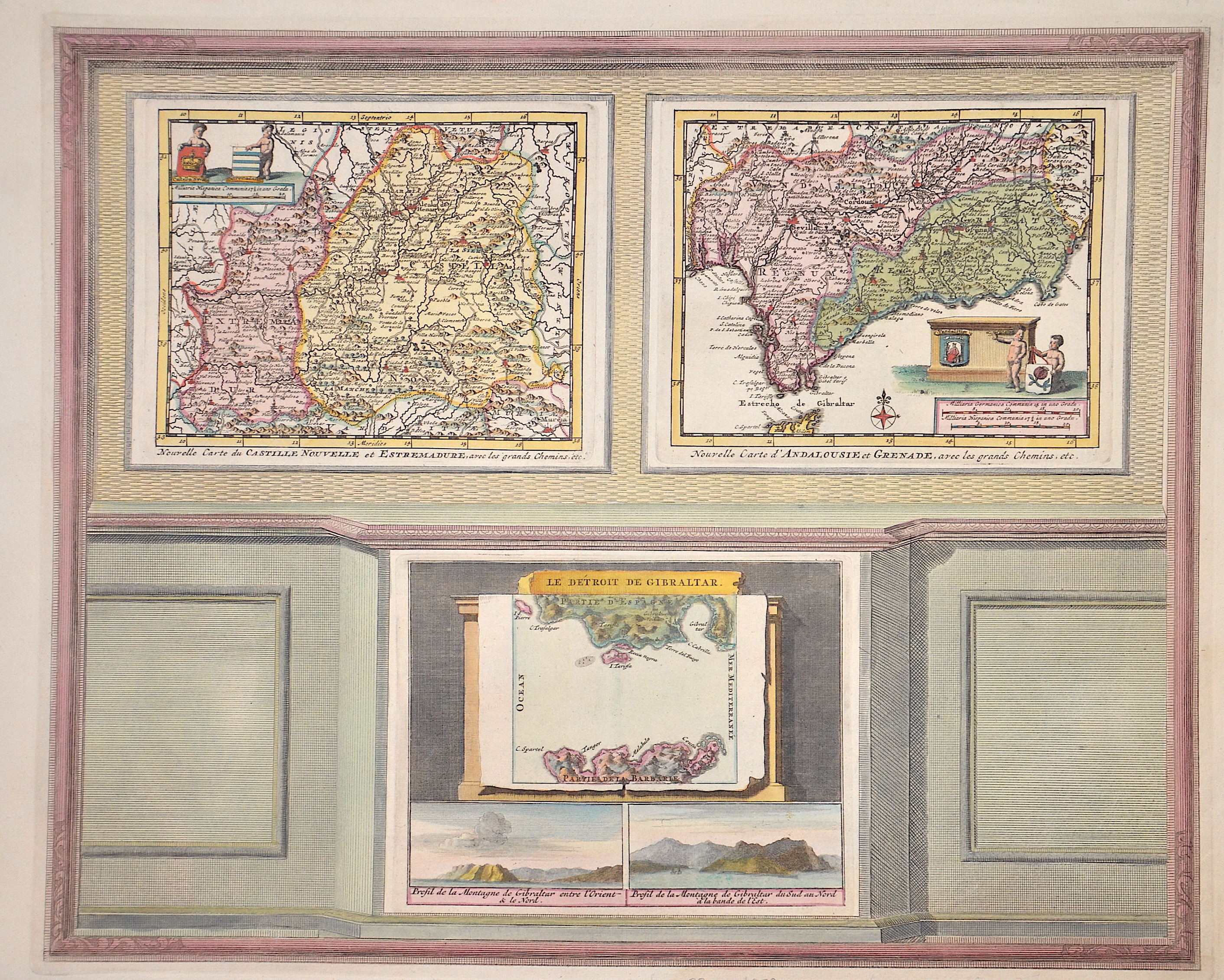 Aa, van der  Nouvelle carte du Castille nouvelle et Estremadure/ Nouvelle carte d´Andalusie et Grenade/ Le Dertoit de Gibraltar