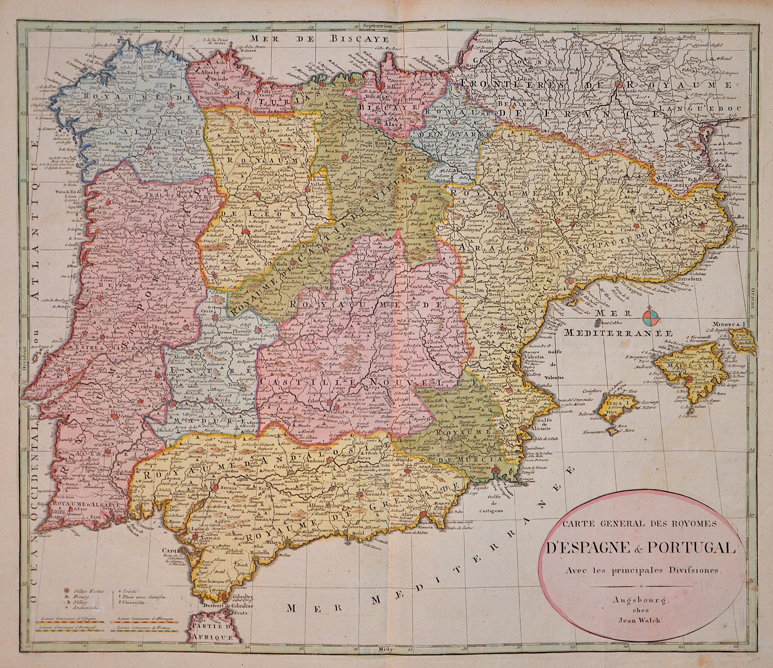 Walch Johann Carte General des Royomes d’Espagne & Portugal.  Avec les principales Divisiones.