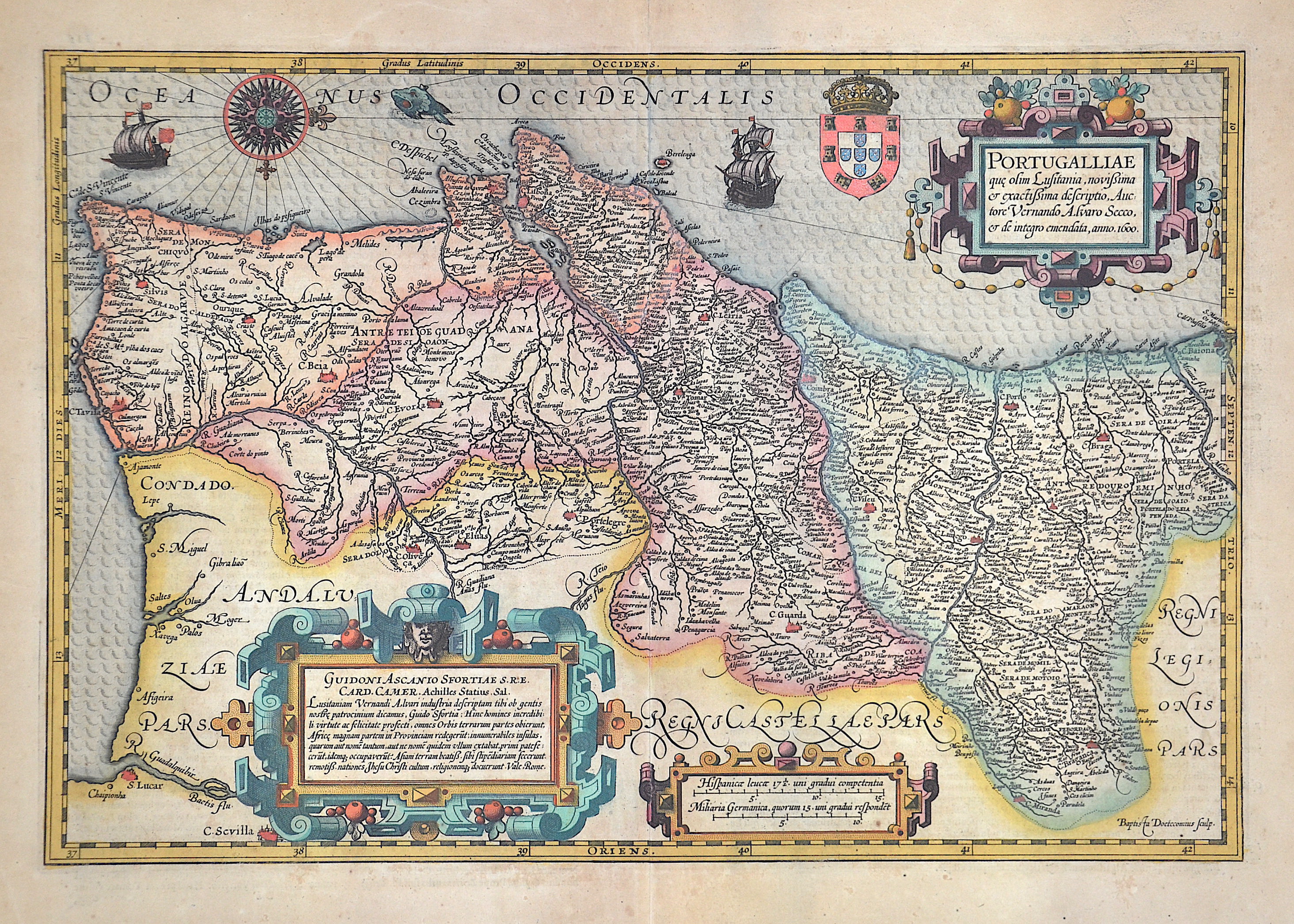 Hondius Hendrik Portugalliae que olim Lusitania, novißima et exactißima descriptio, Auctore Vernando Alvaro Secco, et de integro emendata, anno. 1600.