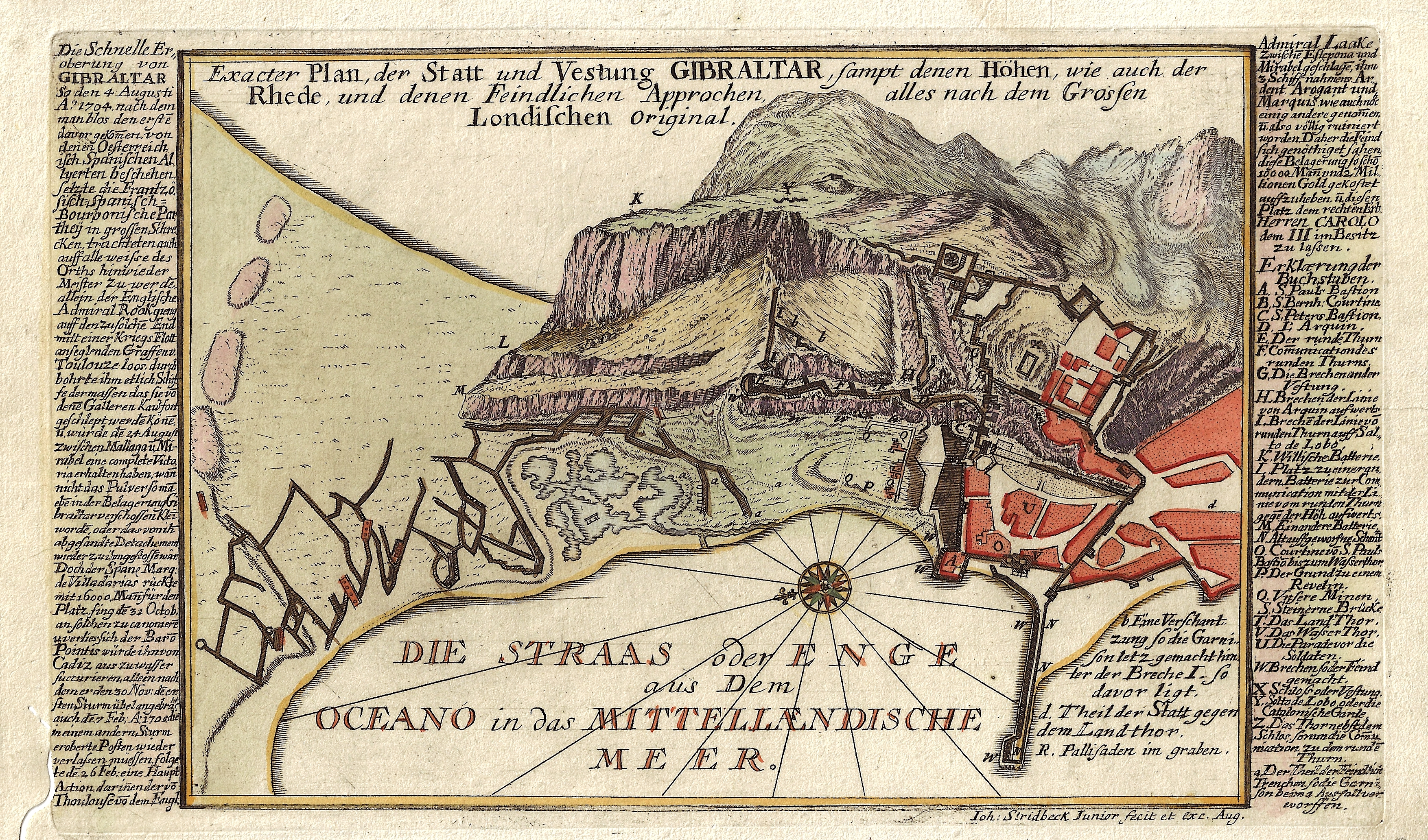 Stridbeck Johann Exacter Plan, der Statt und Vestung Gibraltar, sampt denen Höhen, wie auch der Rhede, und denen Feindlichen Approchen, alles nach dem Grossen..