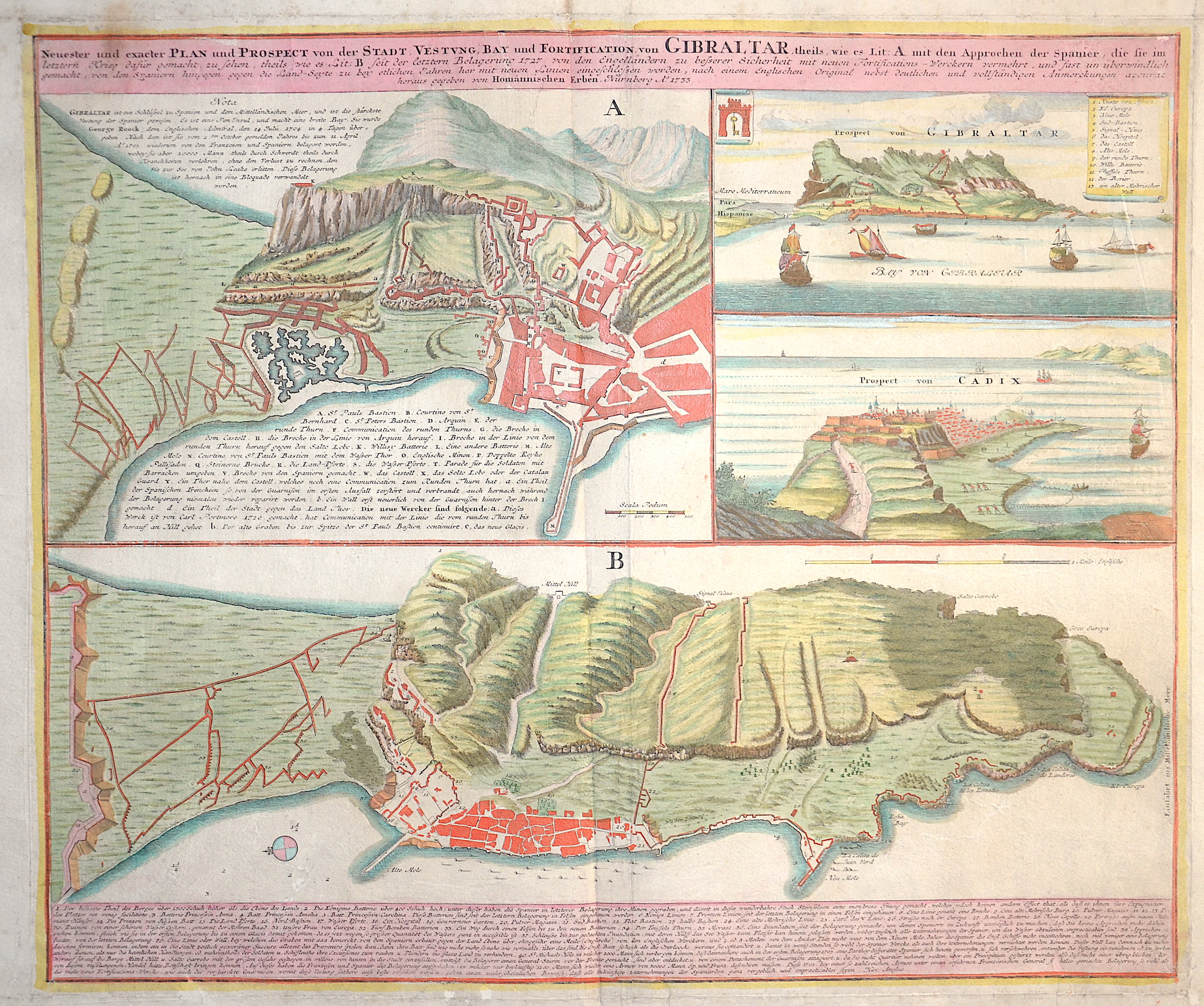 Homann Erben  Neuester und exacter Plan und Prospect von der Stadt, Vestung, Bay und Fortifikation von Gibraltar…