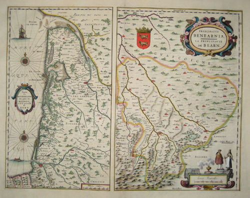 Blaeu Willem Janszoon Carte du Bourdelois du pais de Medoc, et de la prevosté de Born/ Principatus Benearnia – La principaute de Bearn