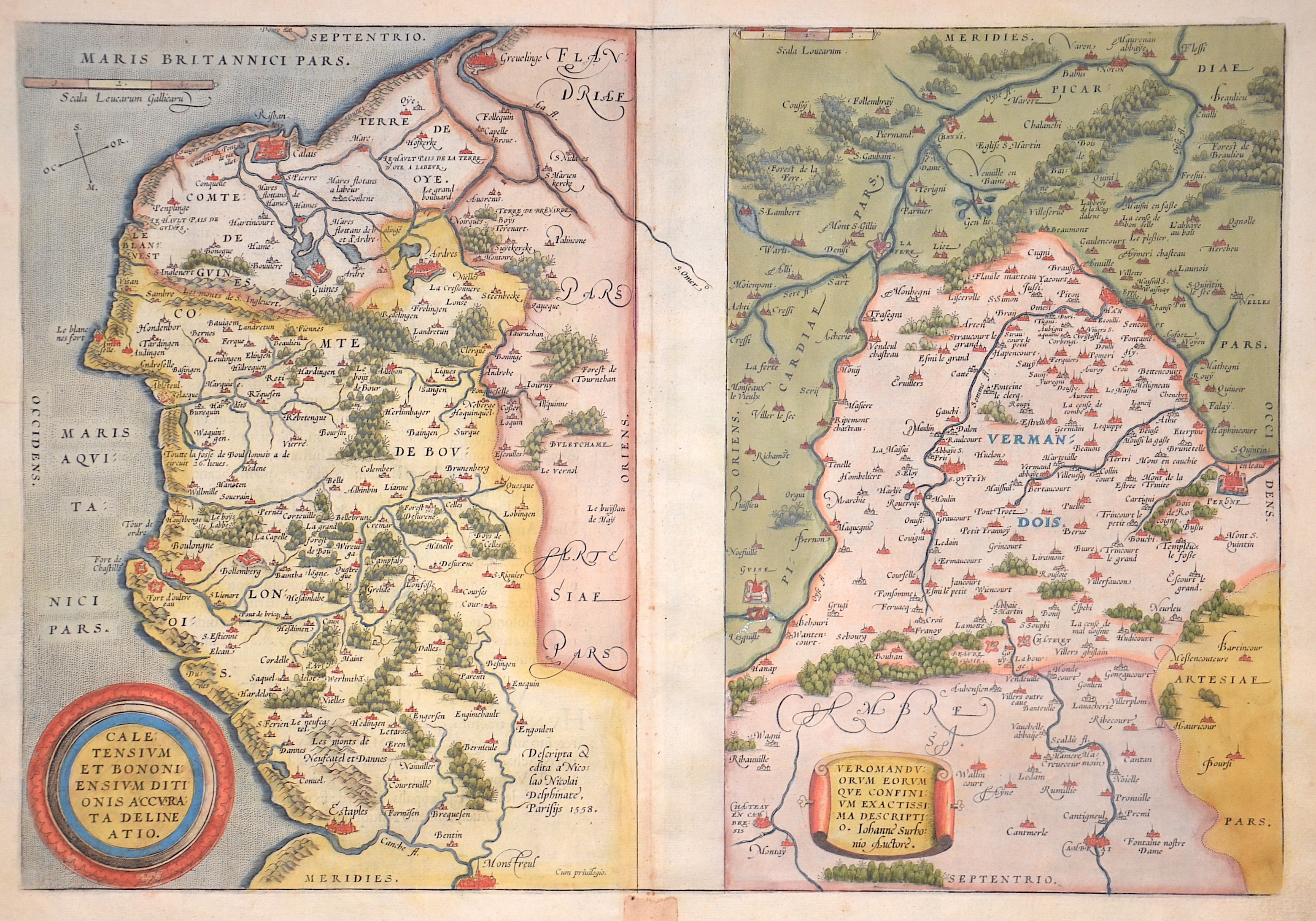 Ortelius Caletensium et Bononiensium Ditionis accurata delineatio. / Veromanduorum Eorum que confinium exactissima descriptio. Johanne Surbonio Auctore.