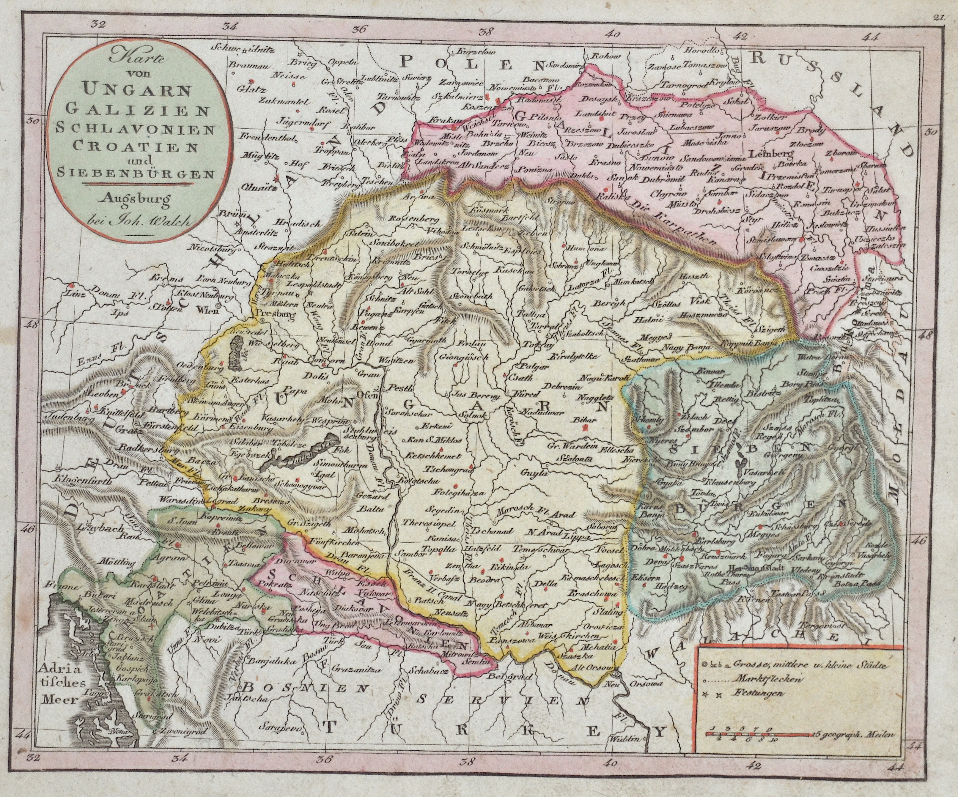 Walch  Karte von Ungarn Galizien Schlavonien Croatien und Siebenbürgen.
