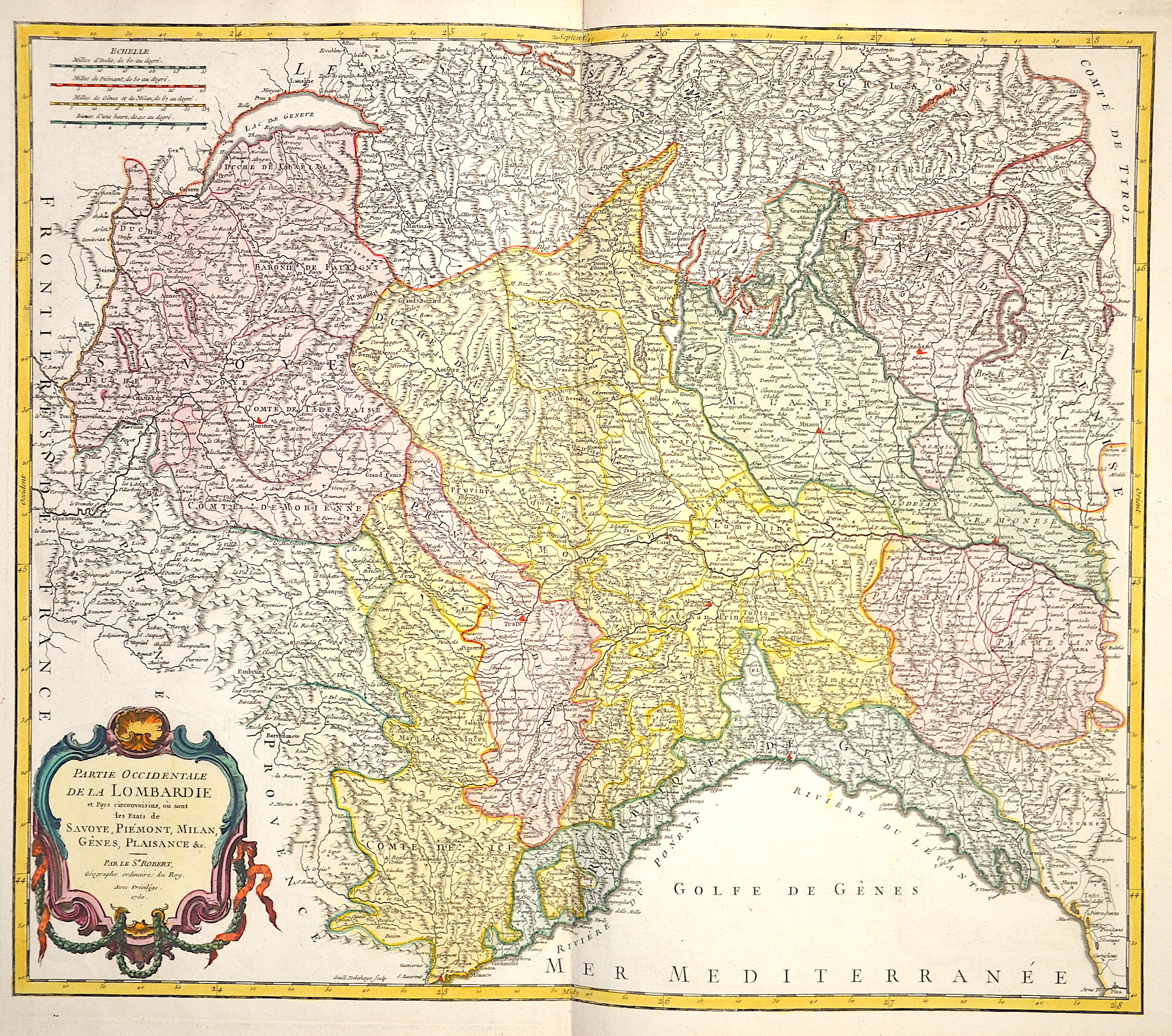 Vaugondy, de Didier/ Gilles Robert Partie occidentale de la Lombardie……Savoye, Piemont, Milan, Genes, Plaisance,