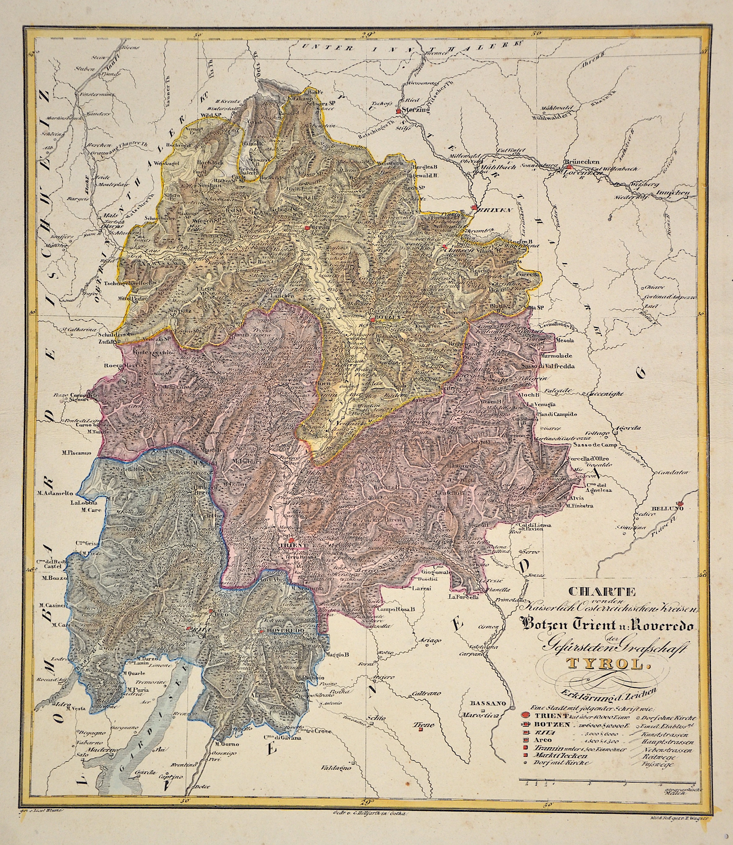 Wagner E. Charte von den Kaiserlich Oesterreichischen Kreisen Botzen Trient u: Roveredo der Gefürsteten Grafschaft Tyrol.