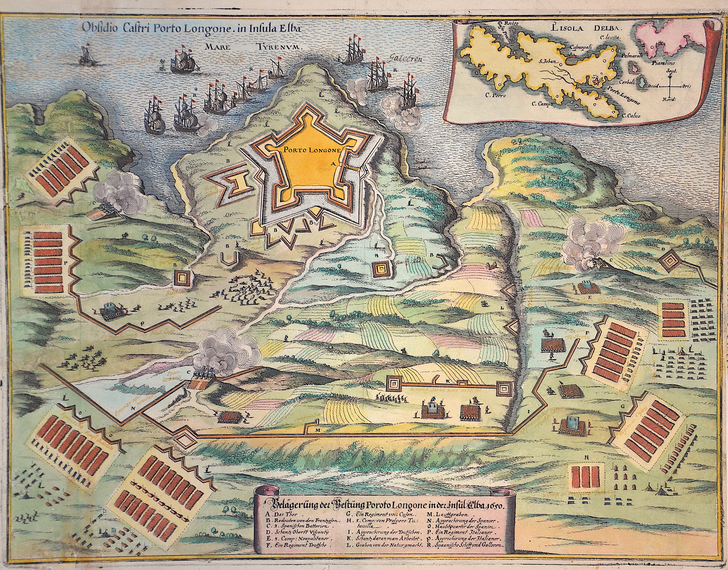 Merian  Belägerung der Vestung Poroto Longone in der Insul Elba, 1650.