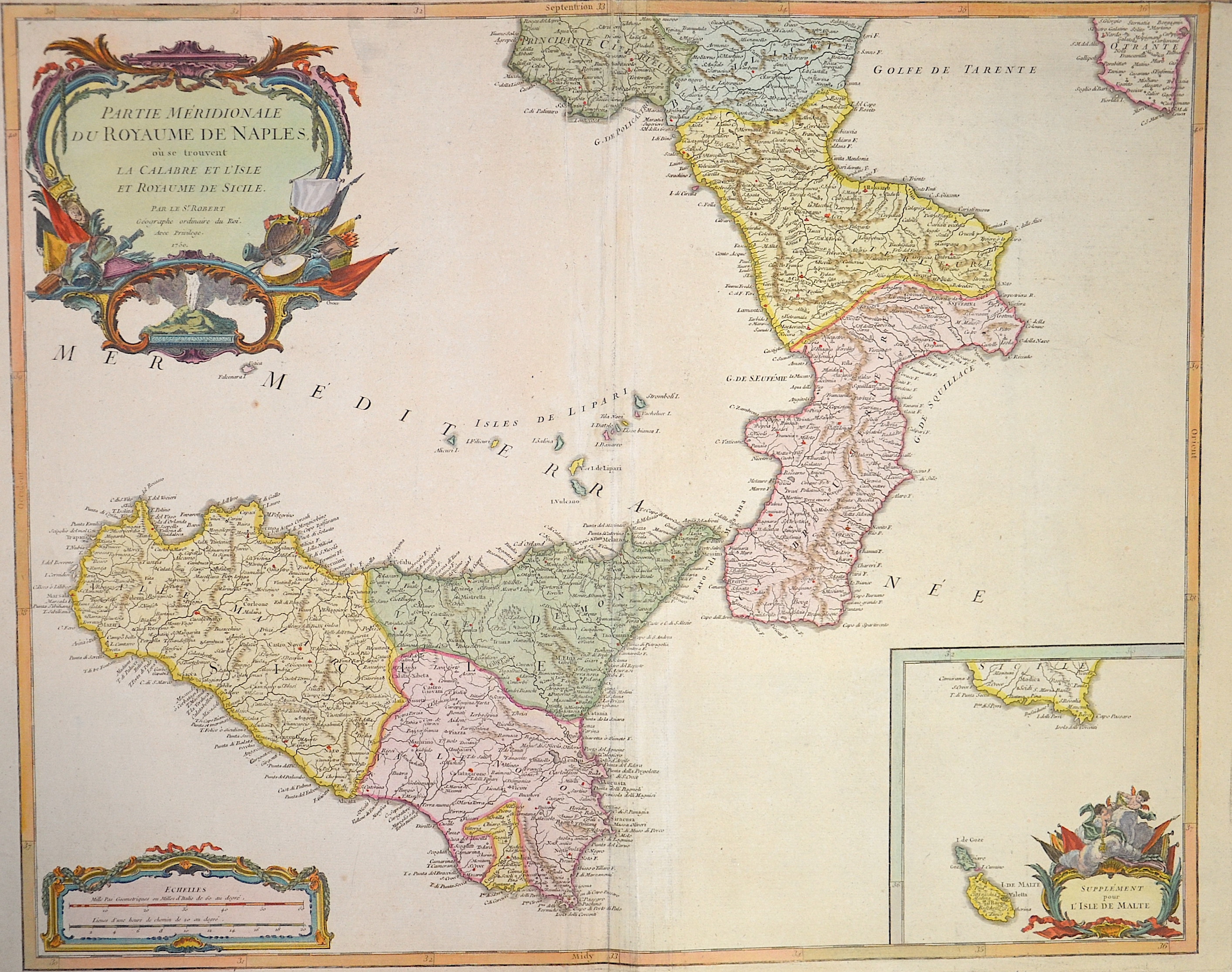 Vaugondy, de Didier/ Gilles Robert Partie meridionale du Royaume de Naples , au se trouvent la Calabrie et l´isle et Royaume de Sicilie
