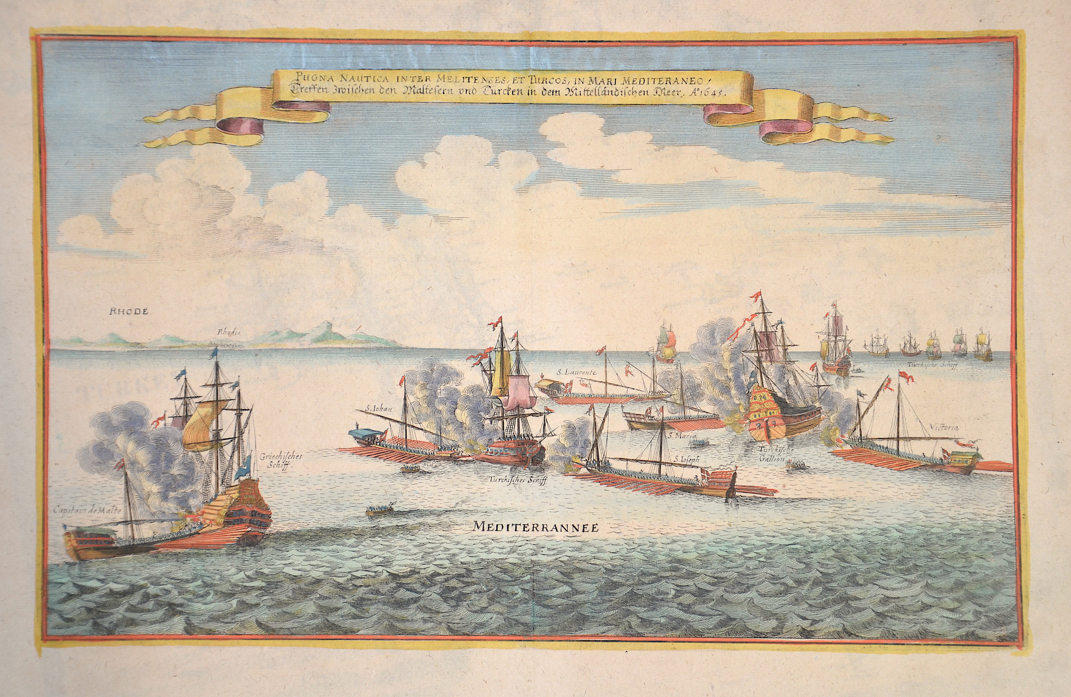 Merian  Pugna Nautica inter Melitenses, et Turcos, in Mari Mediteraneo / Treffen zwischen den Maltesern und Türcken in dem Mittellädischen Meer. Anno 1645.