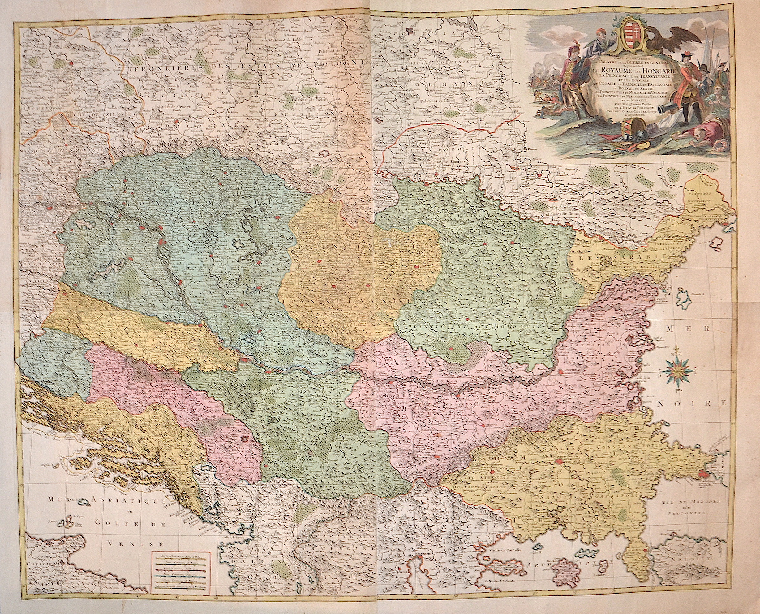 Lotter Tobias Conrad Carte Geographique du Theatre de la Guerre en General representant Le Royaume de Hongarie la Principaute de Transylvanie, et les Royaumes de Croacie,.