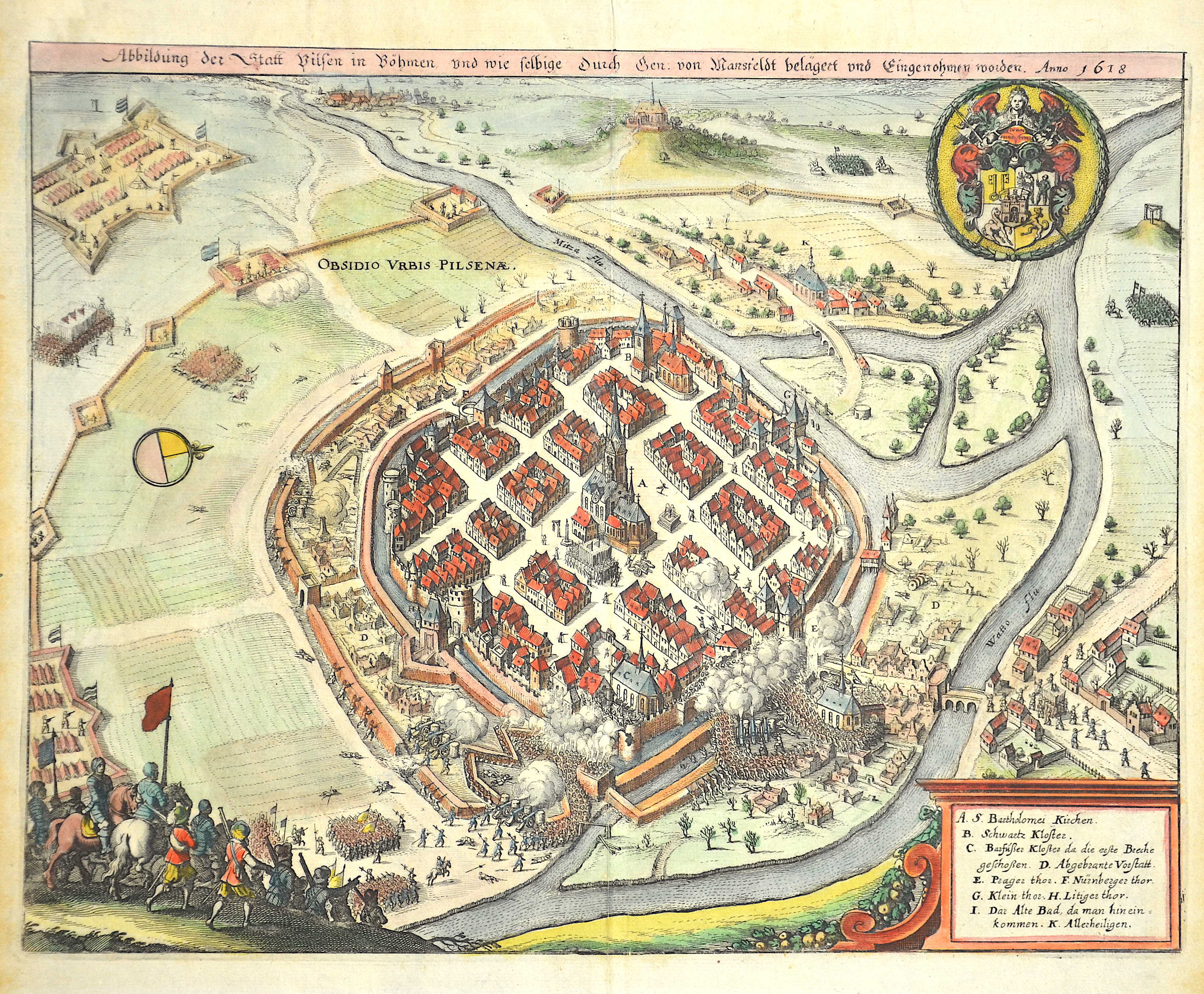 Merian  Abbildung der Statt Vilsen in Böhmen, und wie selbige durch den von Mansfeldt belägert und Eingenohmen worden. Anno 1618