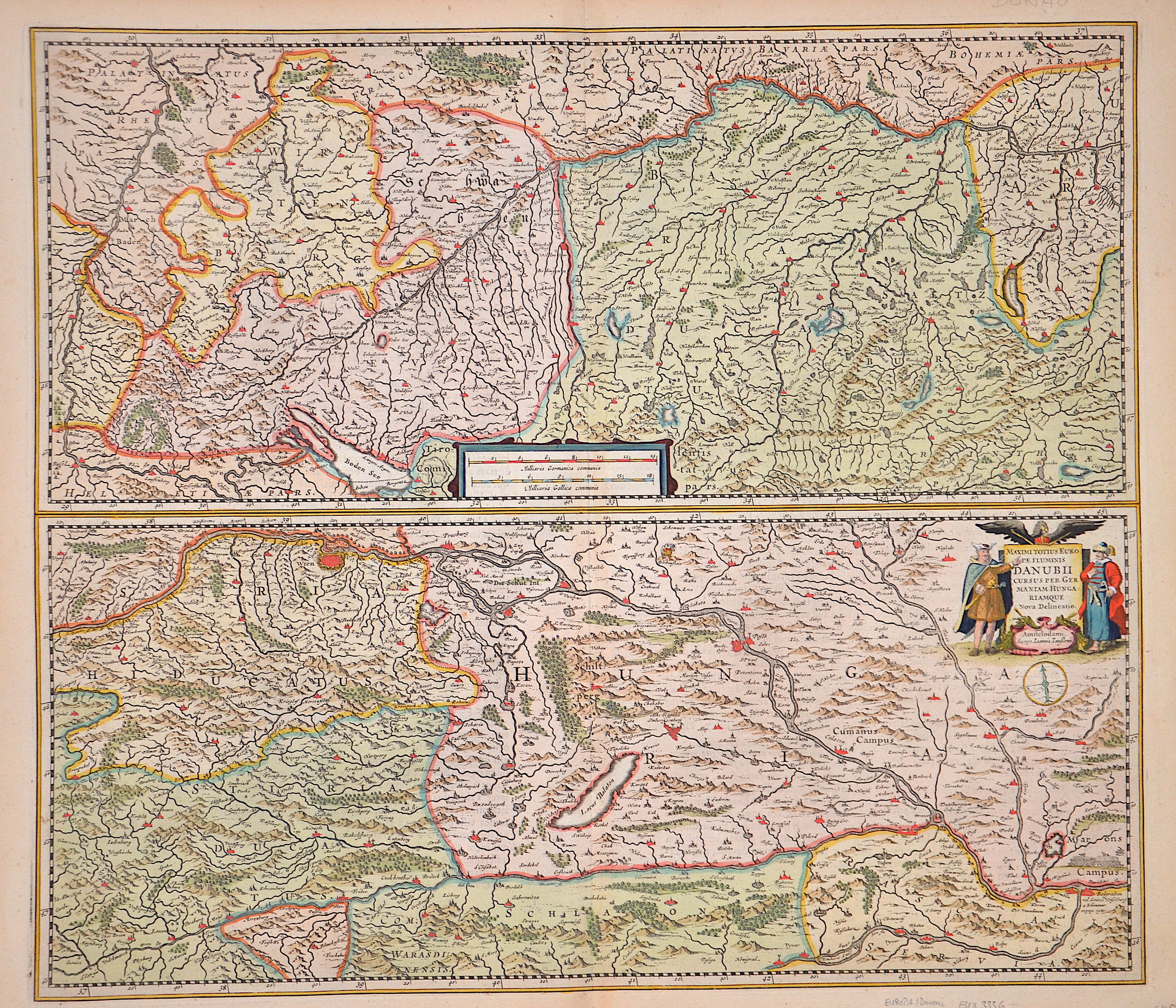 Janssonius/Mercator-Hondius, H.  Maximit Totius Europae Fluminis Danubii cursus per Germaniam Hungariamque Nova Delineatio.