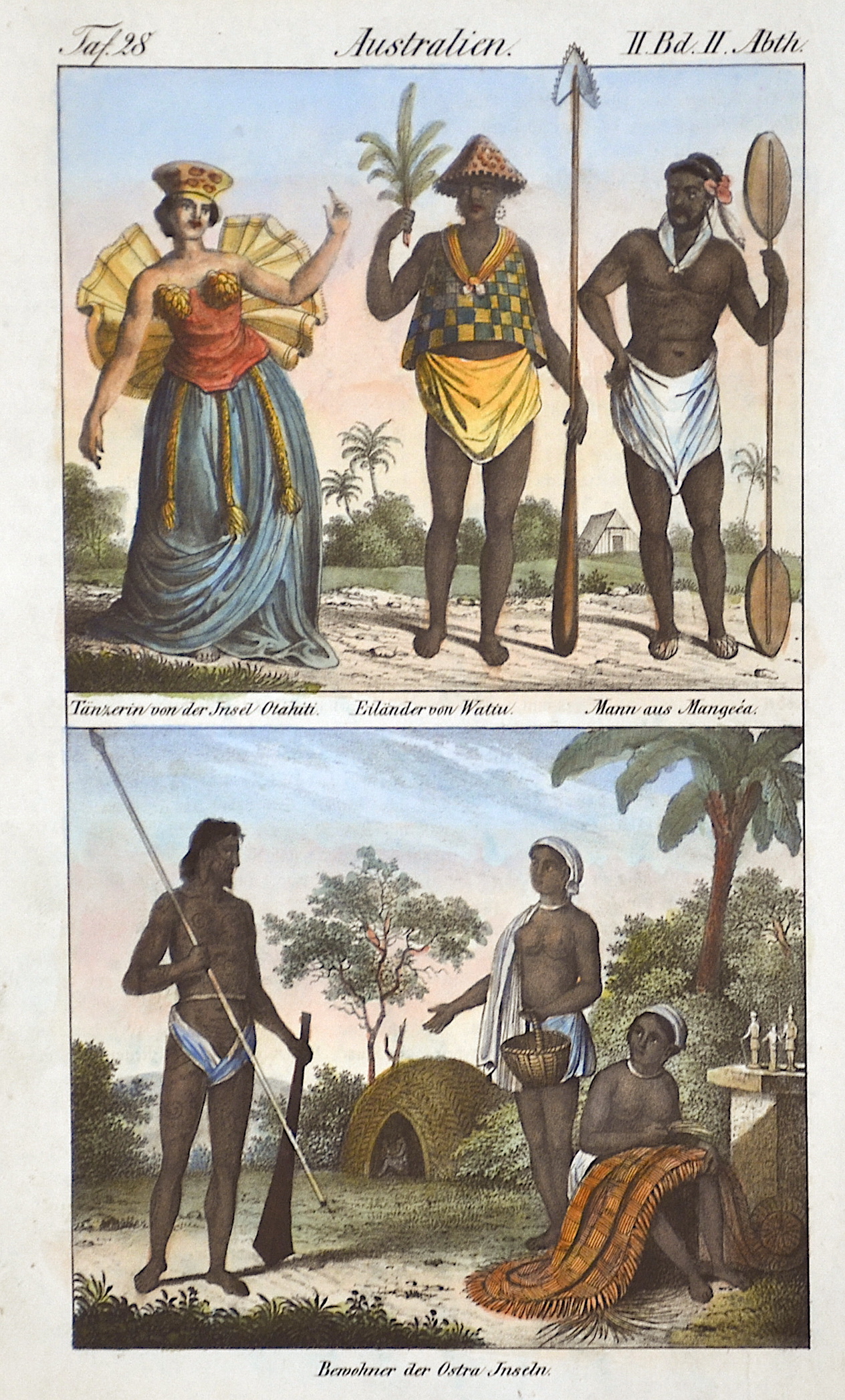 Anonymus  Australien. Tänzerin von der Insel Otahiti. Eiländer von Watiu. Mann aus Mangeea/ Bewohner der Ostra Inseln.